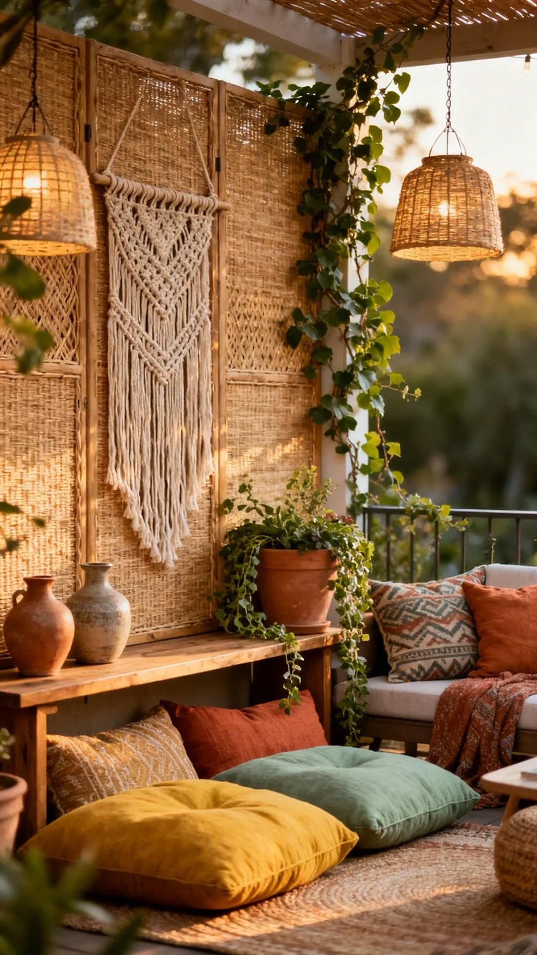 bamboo privacy wall with climbing vines as boho patio backdrop