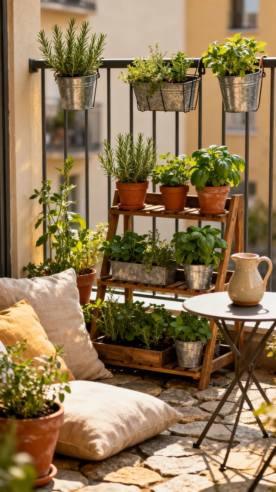 tiny herb garden on a small apartment balcony patio