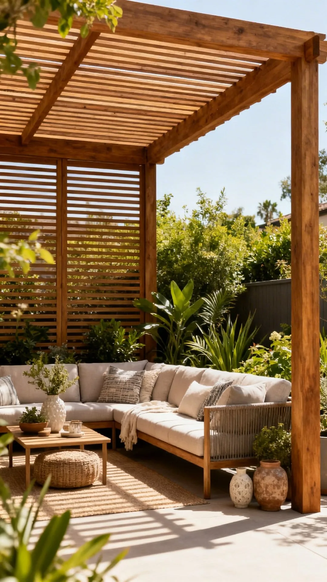 Pergola with horizontal privacy slats creating a semi-enclosed shaded outdoor lounge area