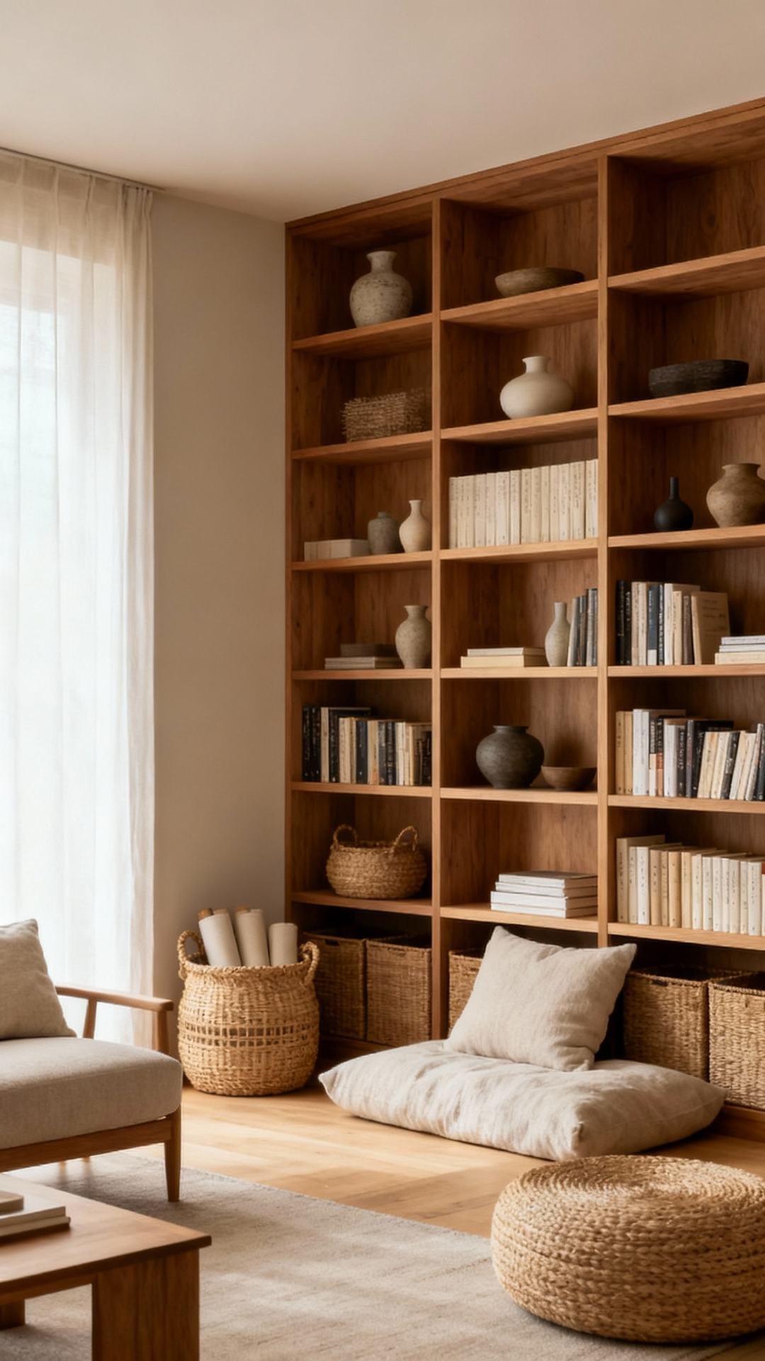 Calm Corner Library With Floor-To-Ceiling Shelves