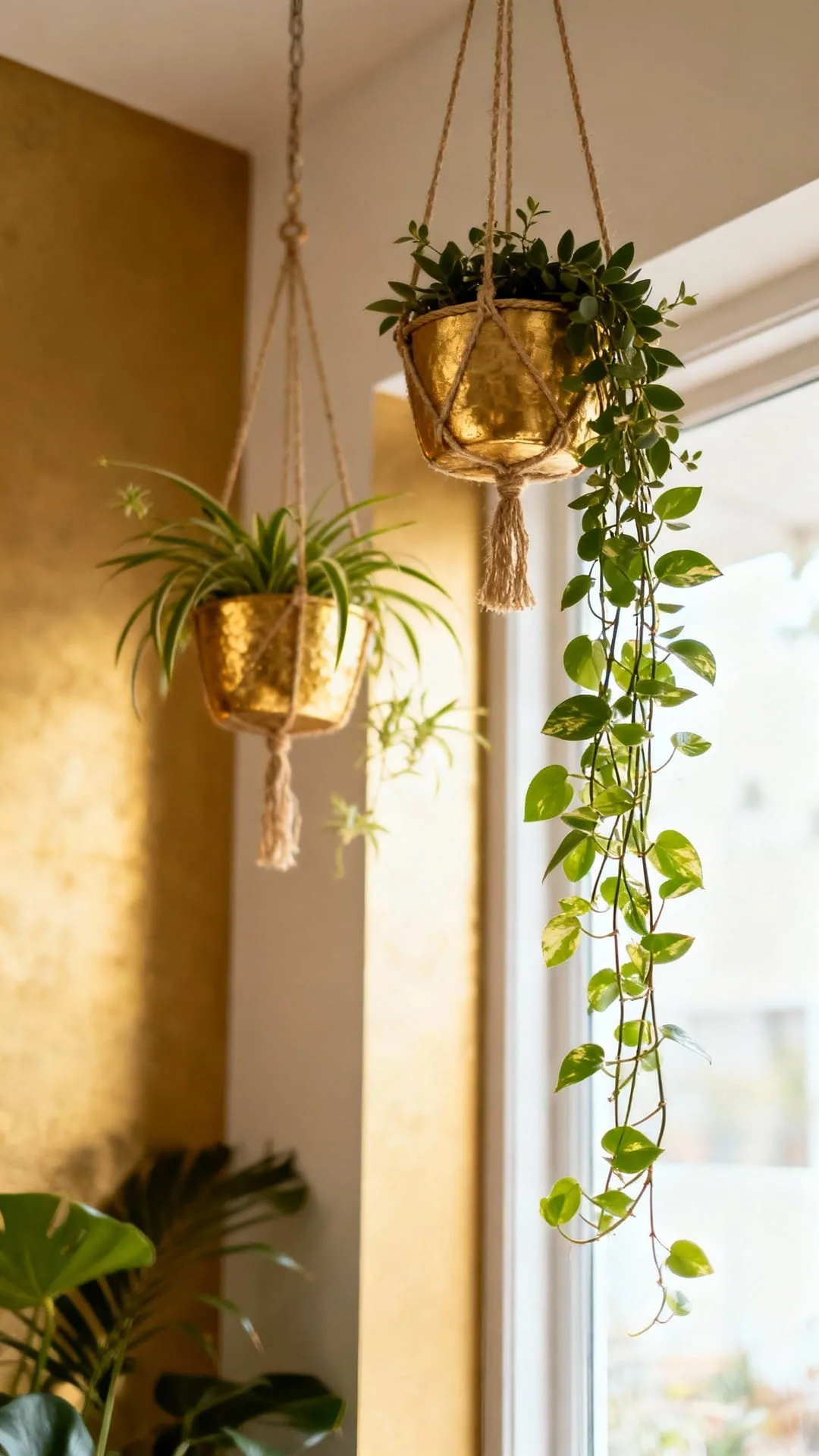 Small planters hung at staggered heights in a narrow corner