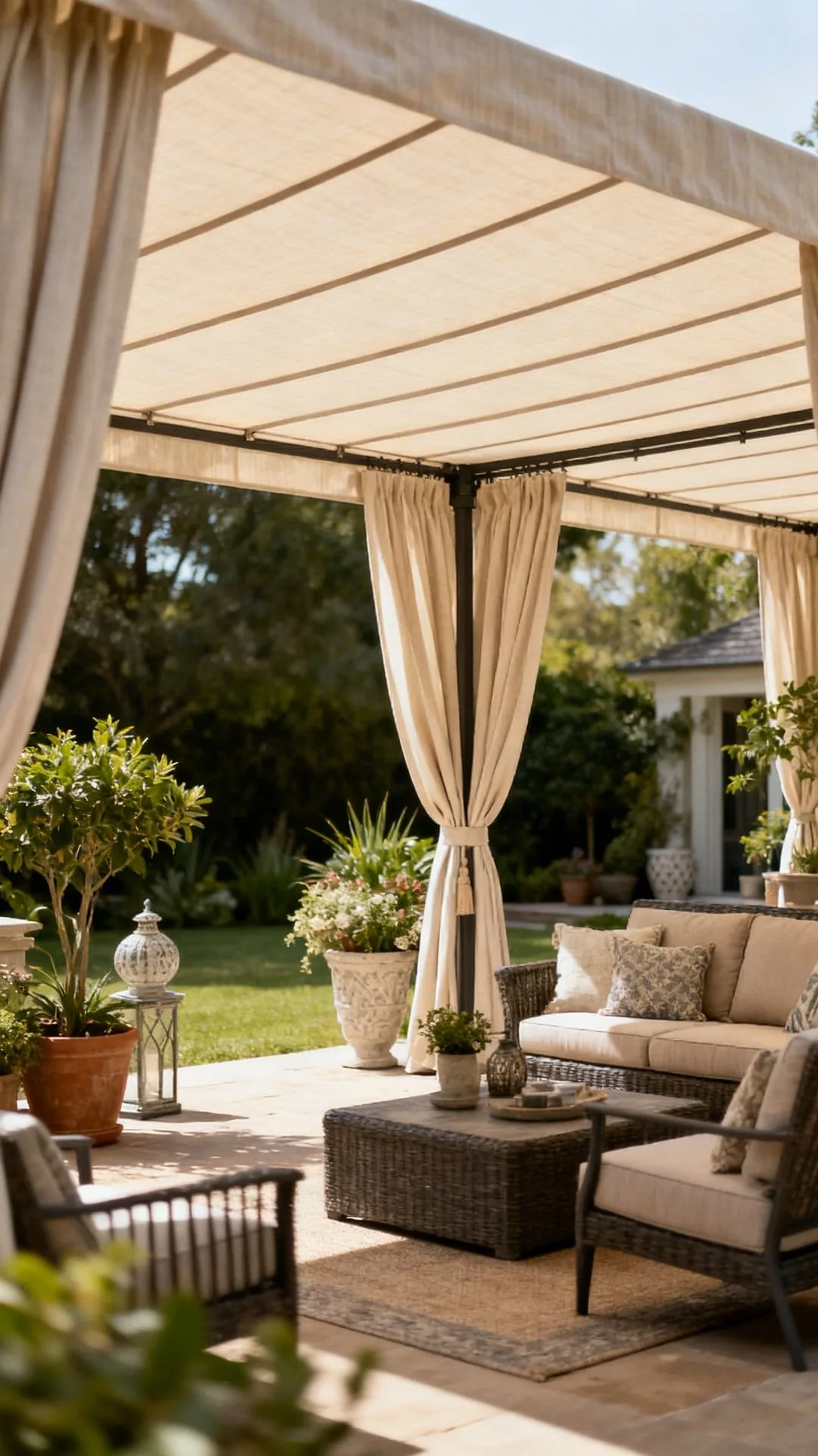 Taut marine-grade canvas canopy in bold neutral stripes stretched over a stylish outdoor patio