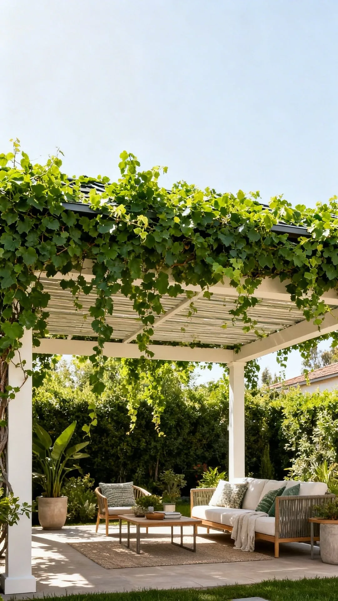 Pergola covered in climbing wisteria and jasmine vines creating a lush natural living canopy