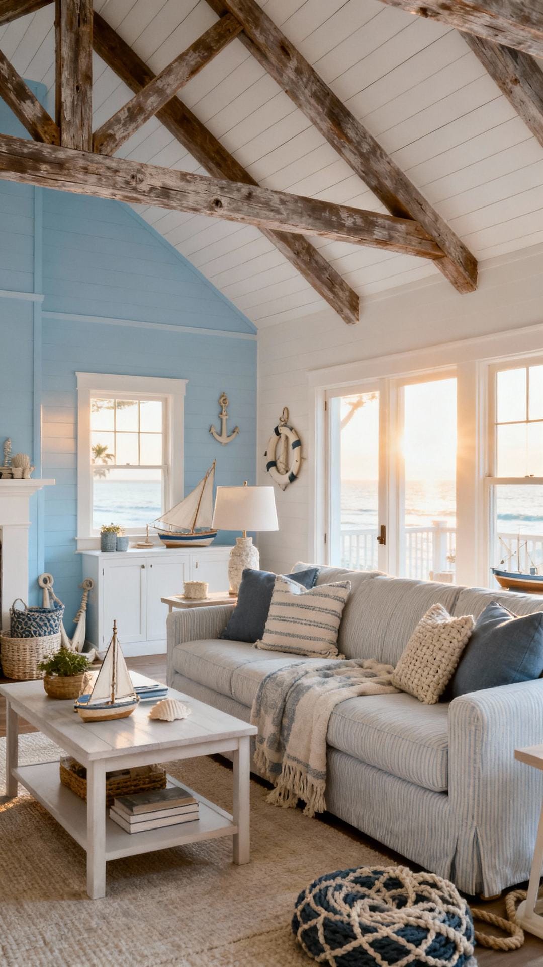 Coastal Breeze: Shiplap Ceiling With Rafter Beams