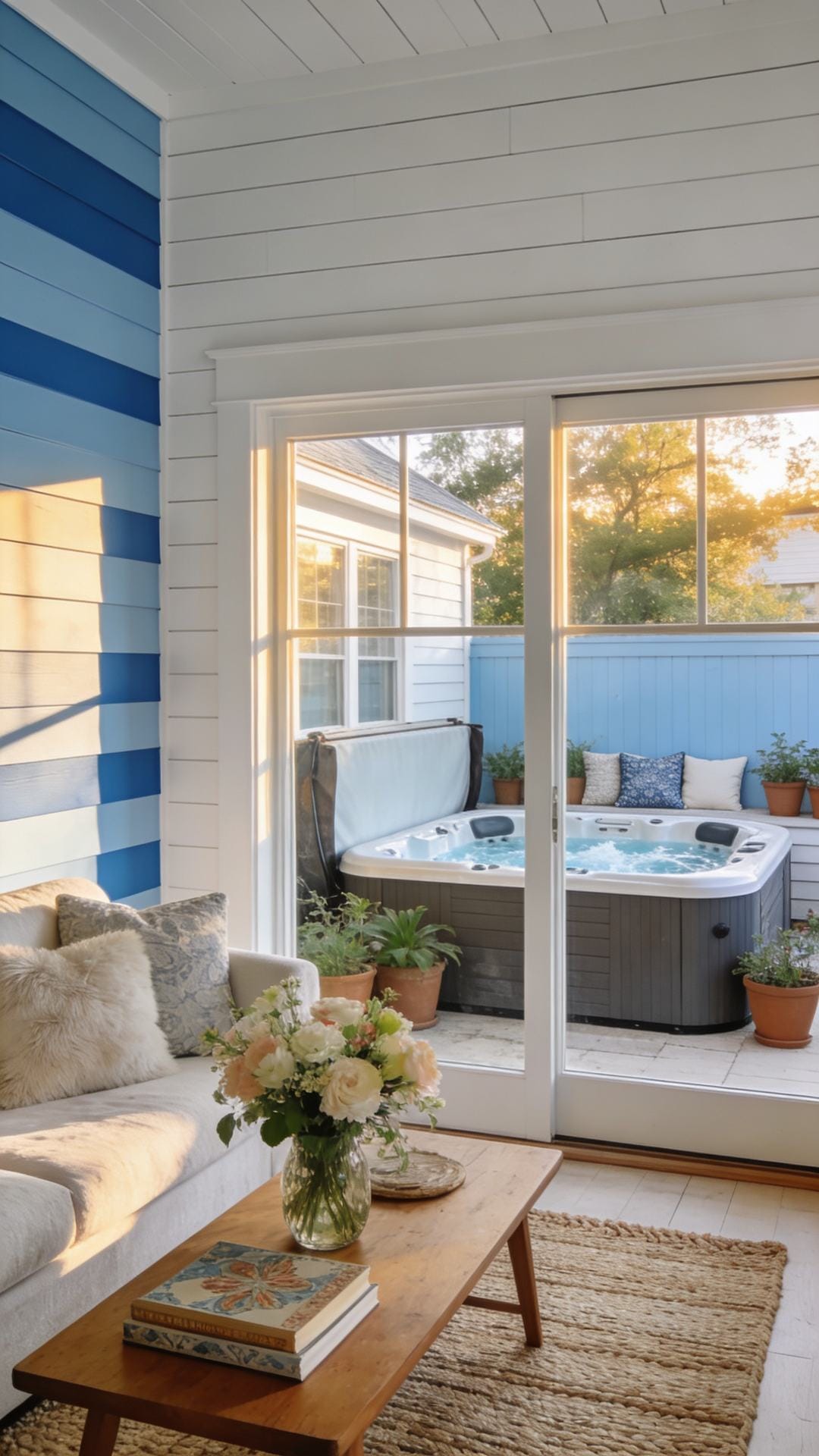Coastal Cottage Corner With Shiplap and Blue Stripes