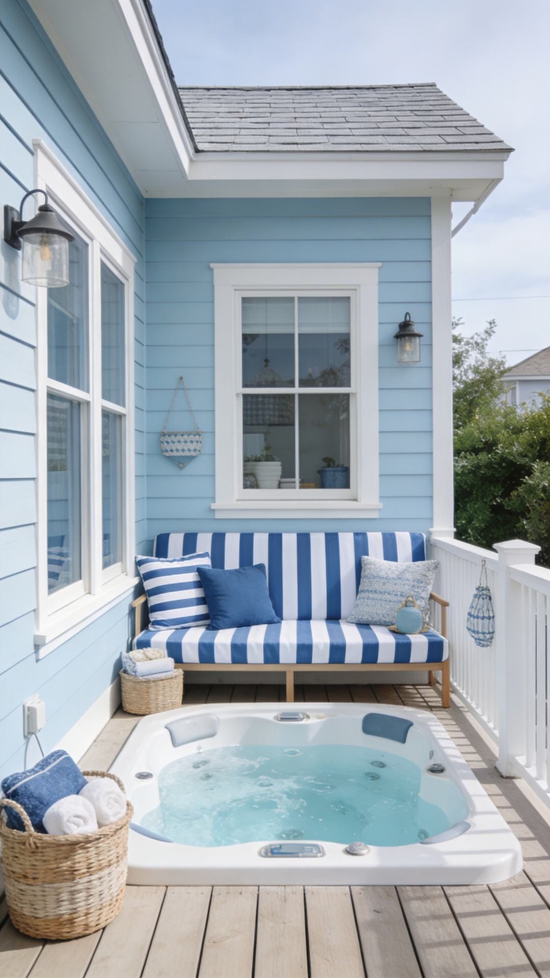 Coastal Cottage Deck With Blue-and-White Stripes