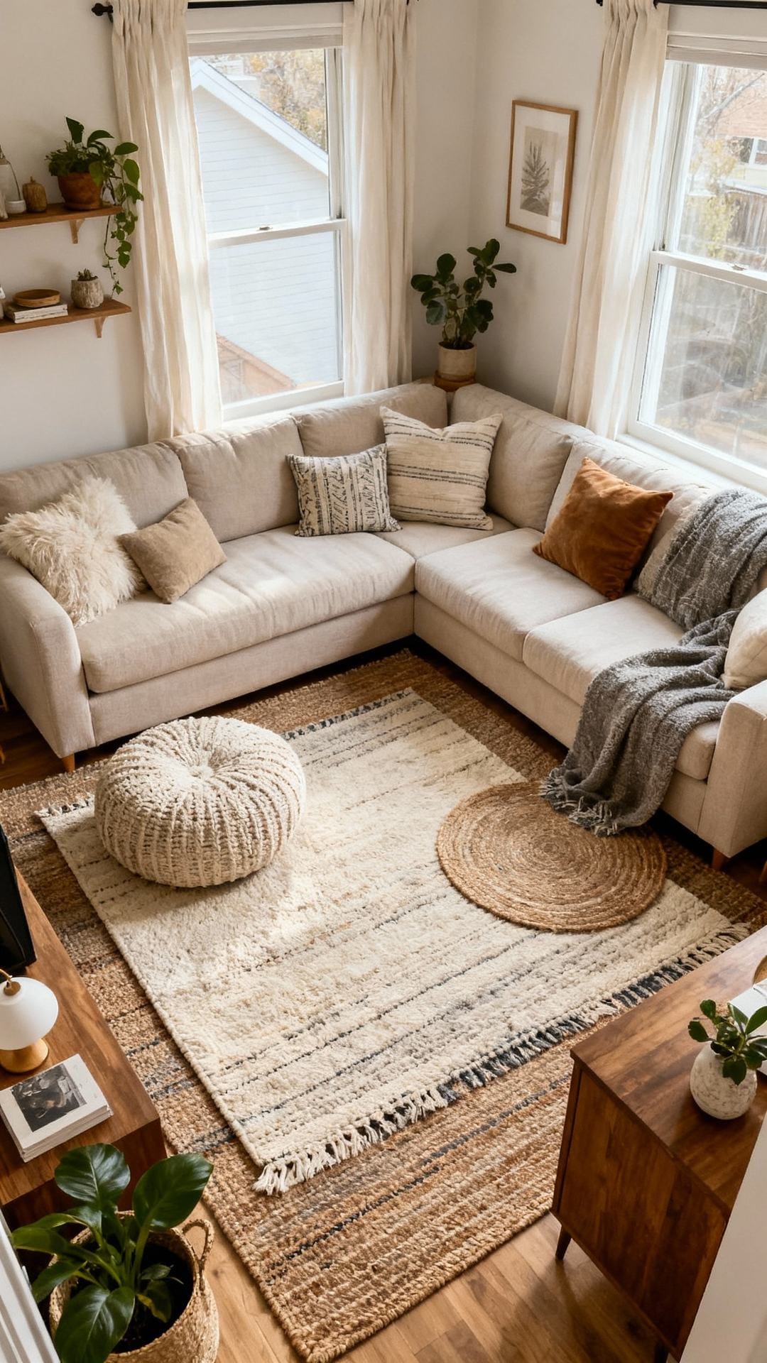 Compact Conversation Pit With Layered Rugs