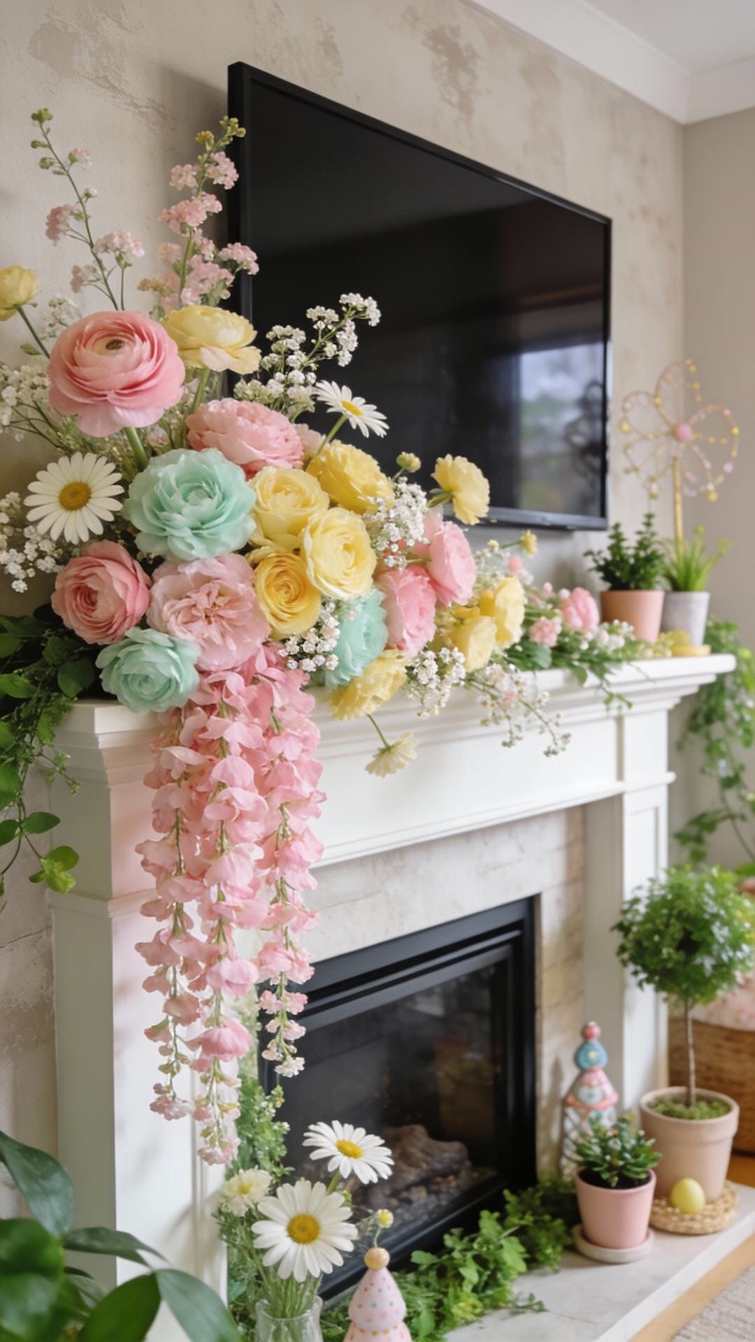 Cottage Bloom Mantel With Layered Florals