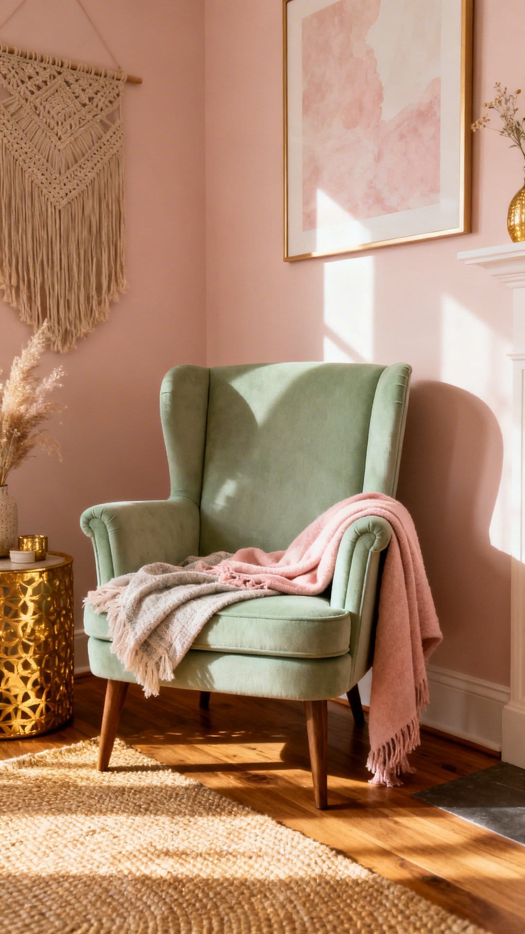 Cozy Corner Nook With Sage Chair And Blush Throw