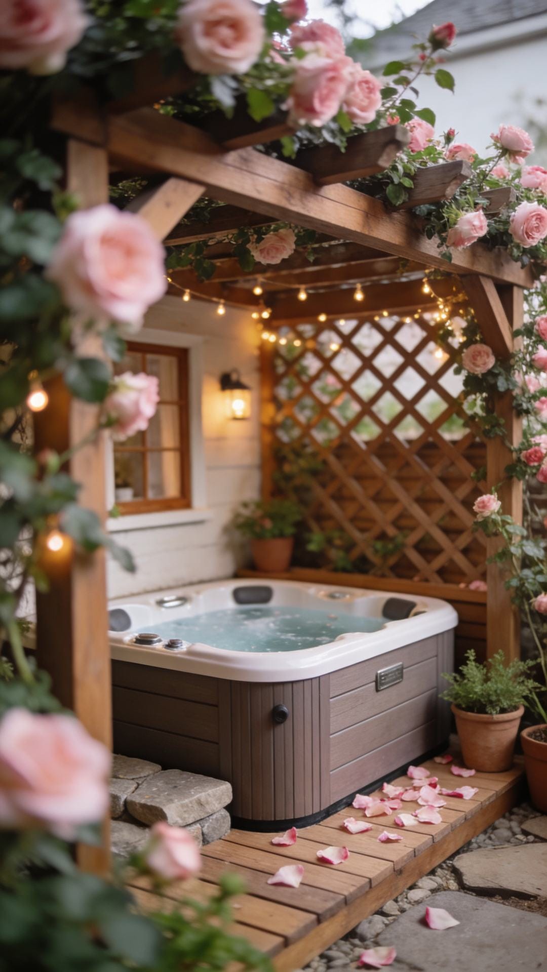 Cozy Cottage Pergola With Lattice and Climbing Roses