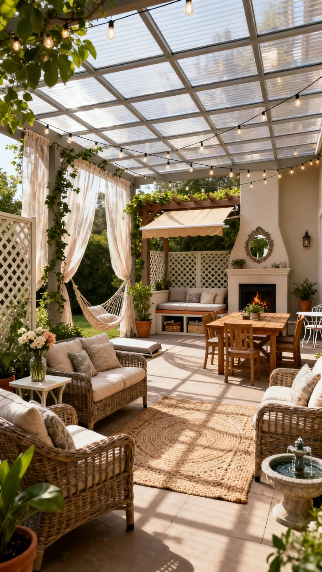 Translucent polycarbonate roof panels filtering soft daylight into a covered outdoor patio