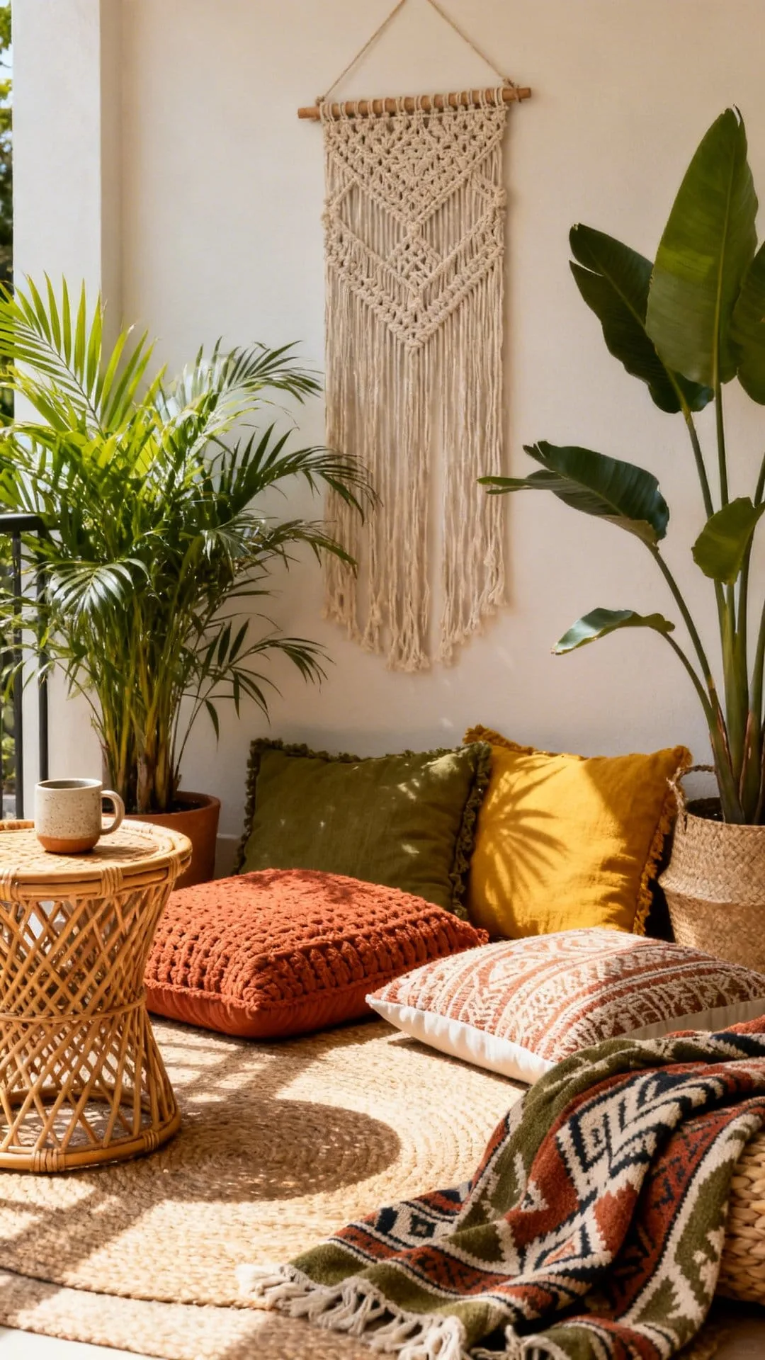 low floor seating boho patio lounge with poufs and floor cushions