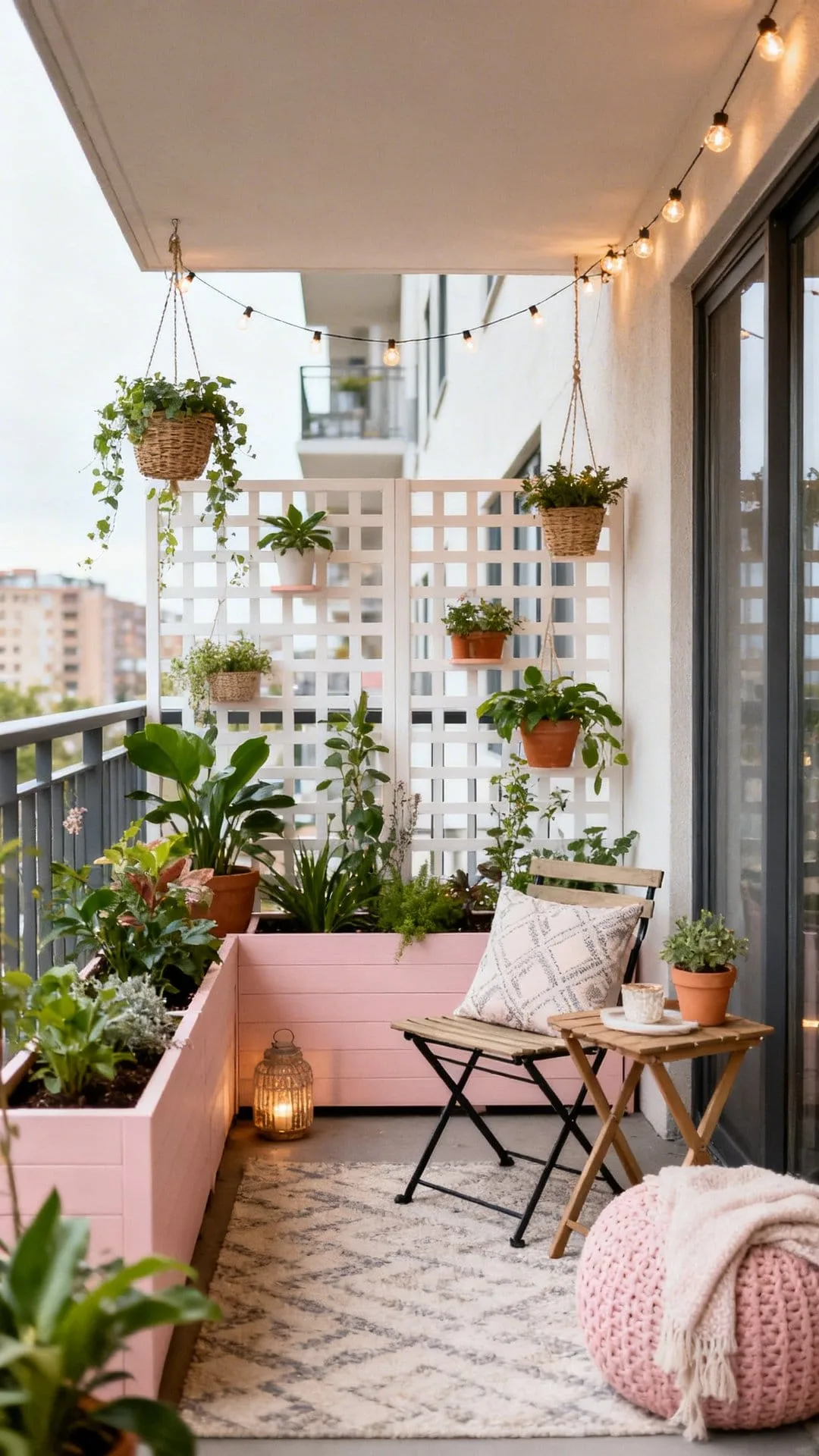 planter dividers creating zones on a small outdoor apartment patio