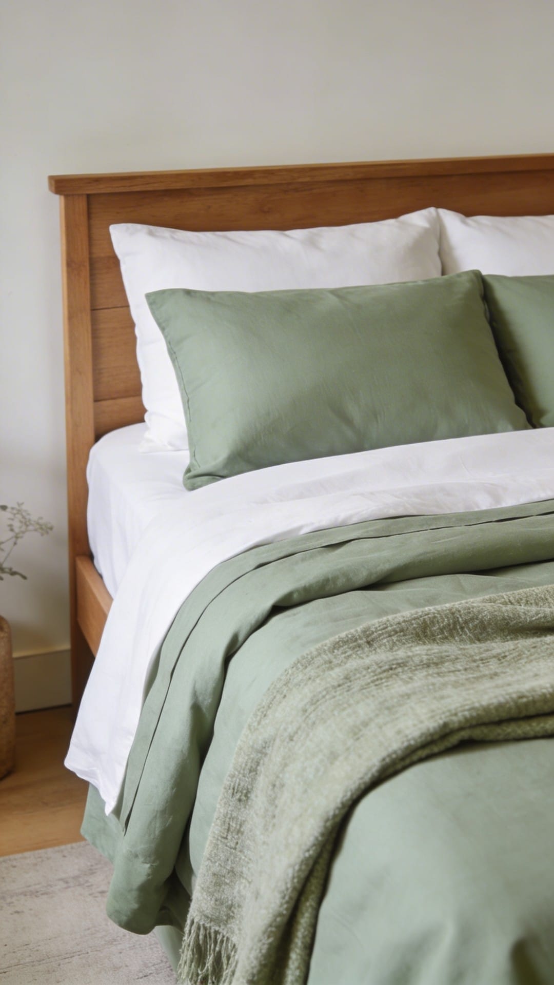 Crisp White Bedding With Sage Layers