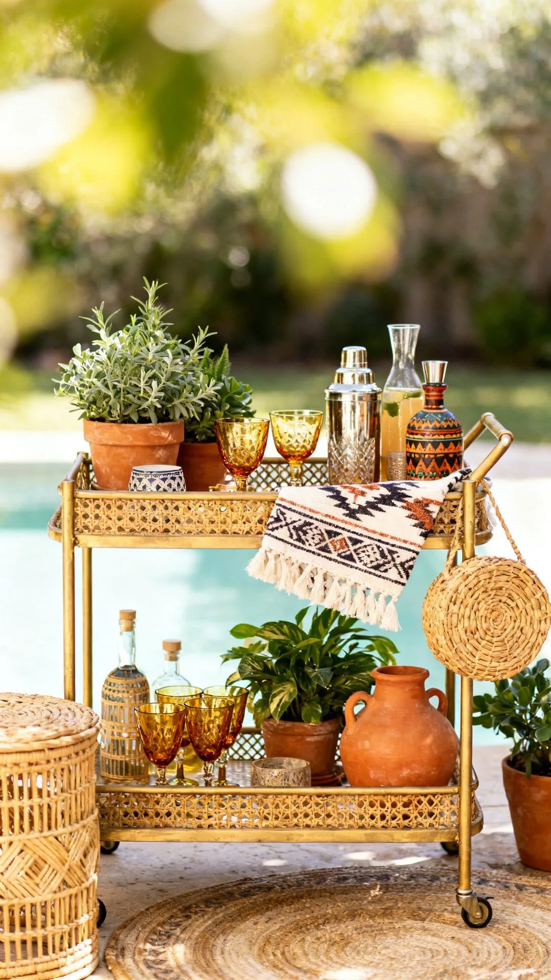 boho patio bar cart with brass accents hand-blown glasses and herb pots