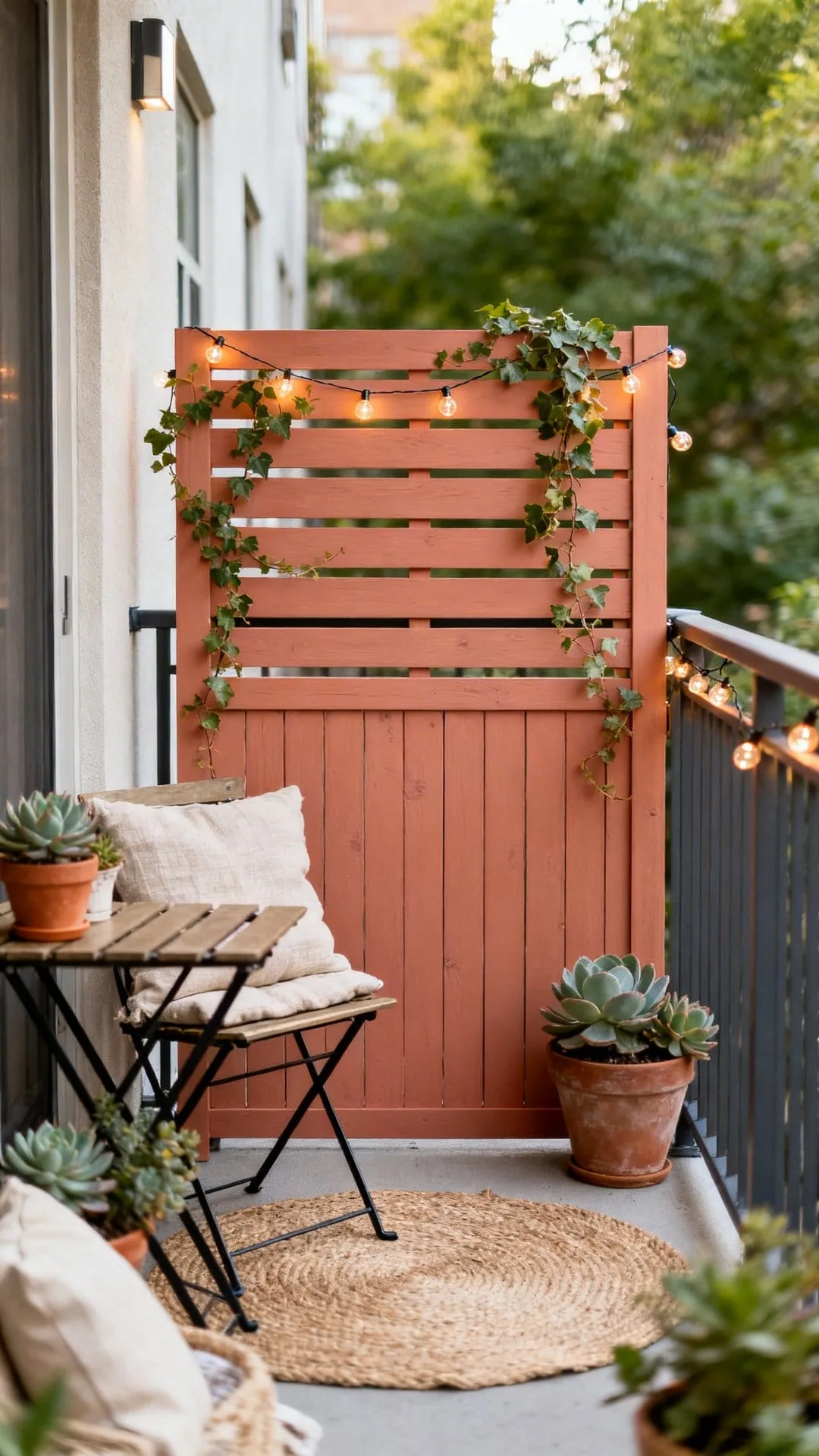 DIY bamboo privacy screen on apartment patio on a budget
