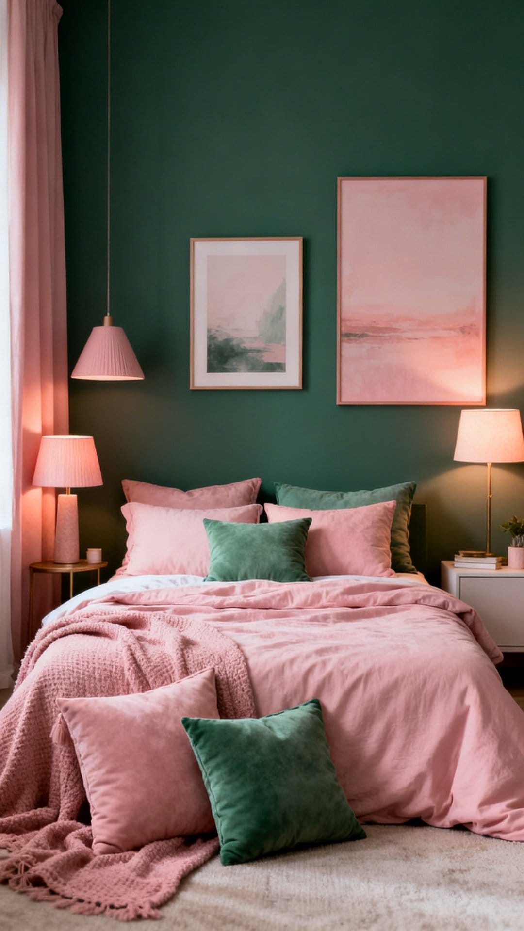 Deep Sage Accent Wall With Blush Lighting