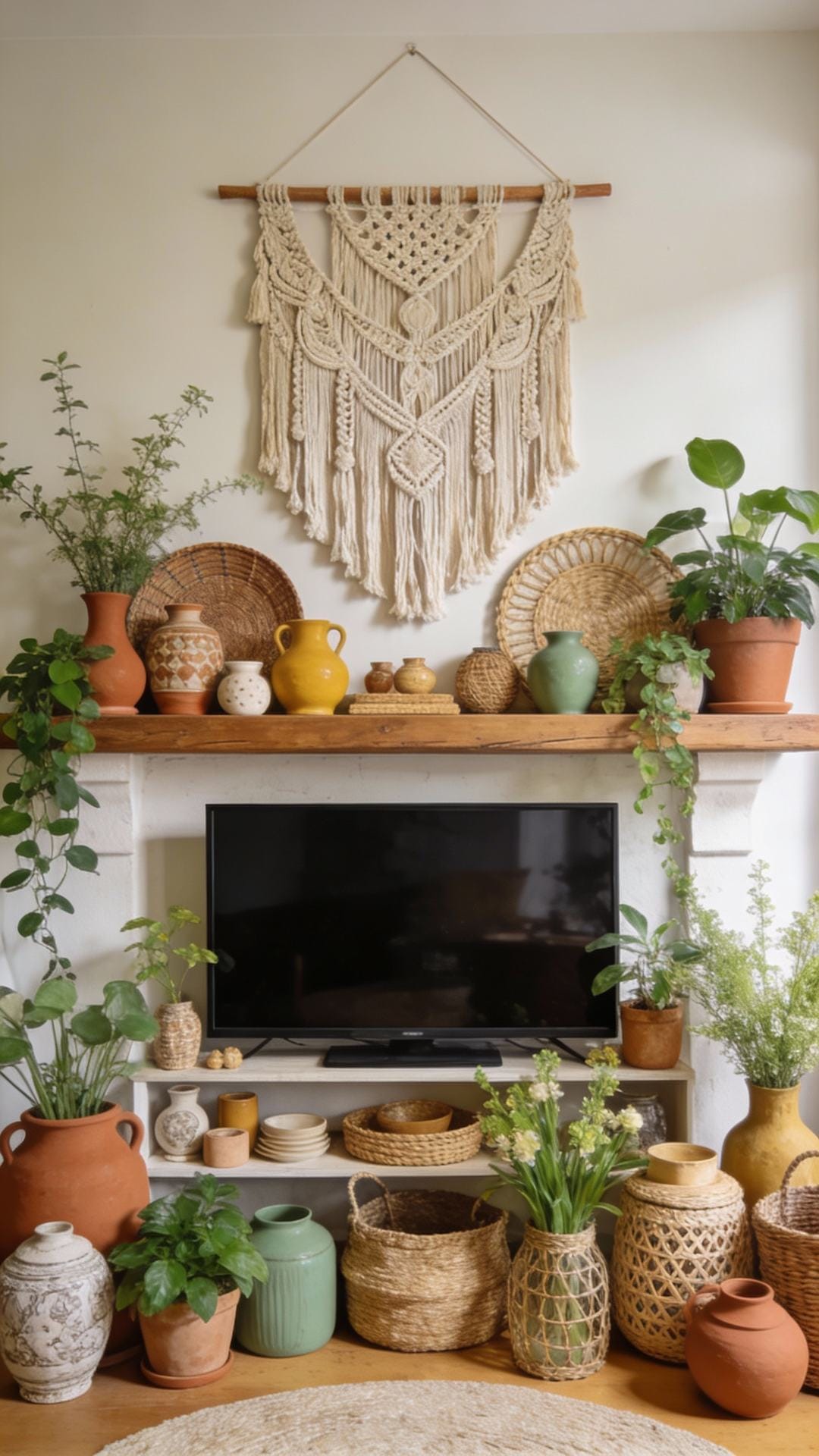 Earthy Boho Mantel With Macramé And Pottery