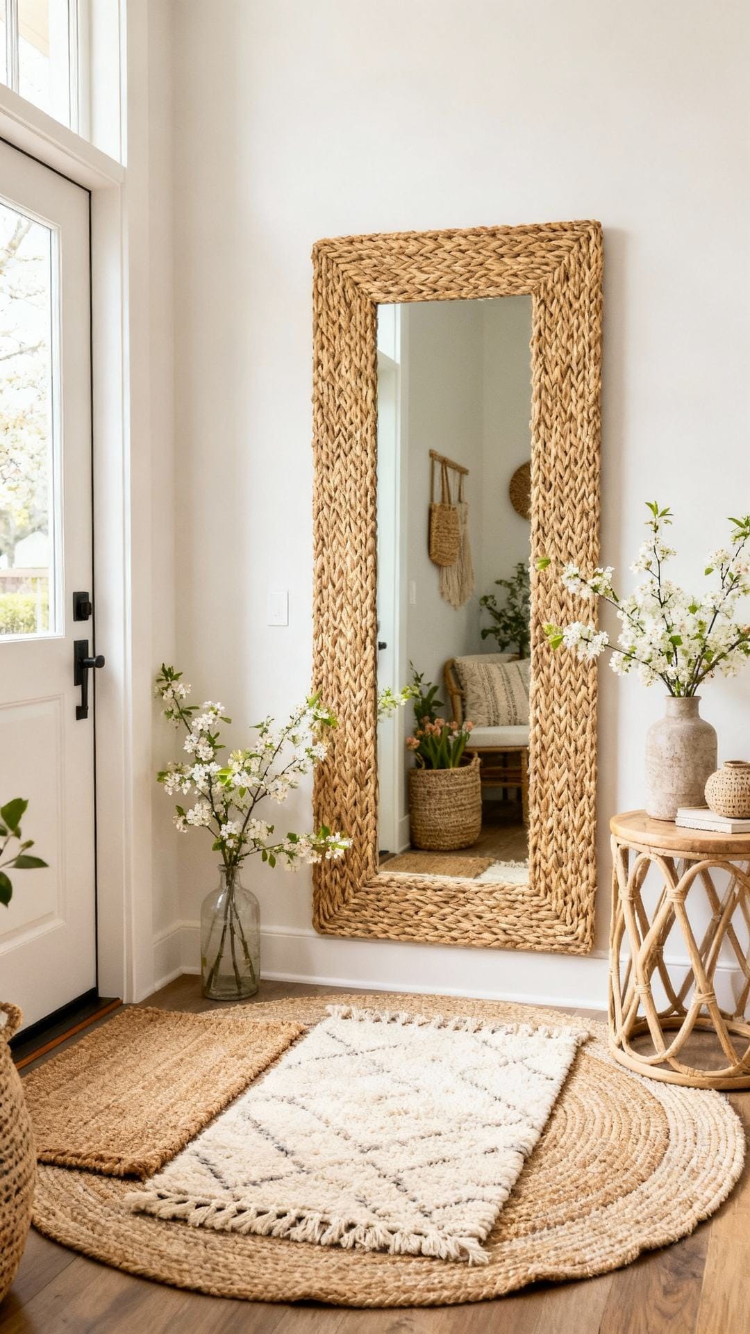 Earthy Boho With Woven Mirror and Layered Rugs