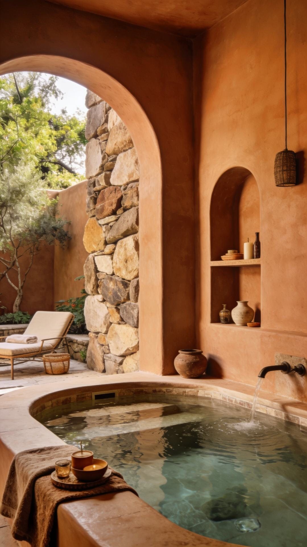 Earthy Spa With Clay Plaster Walls and Natural Stone