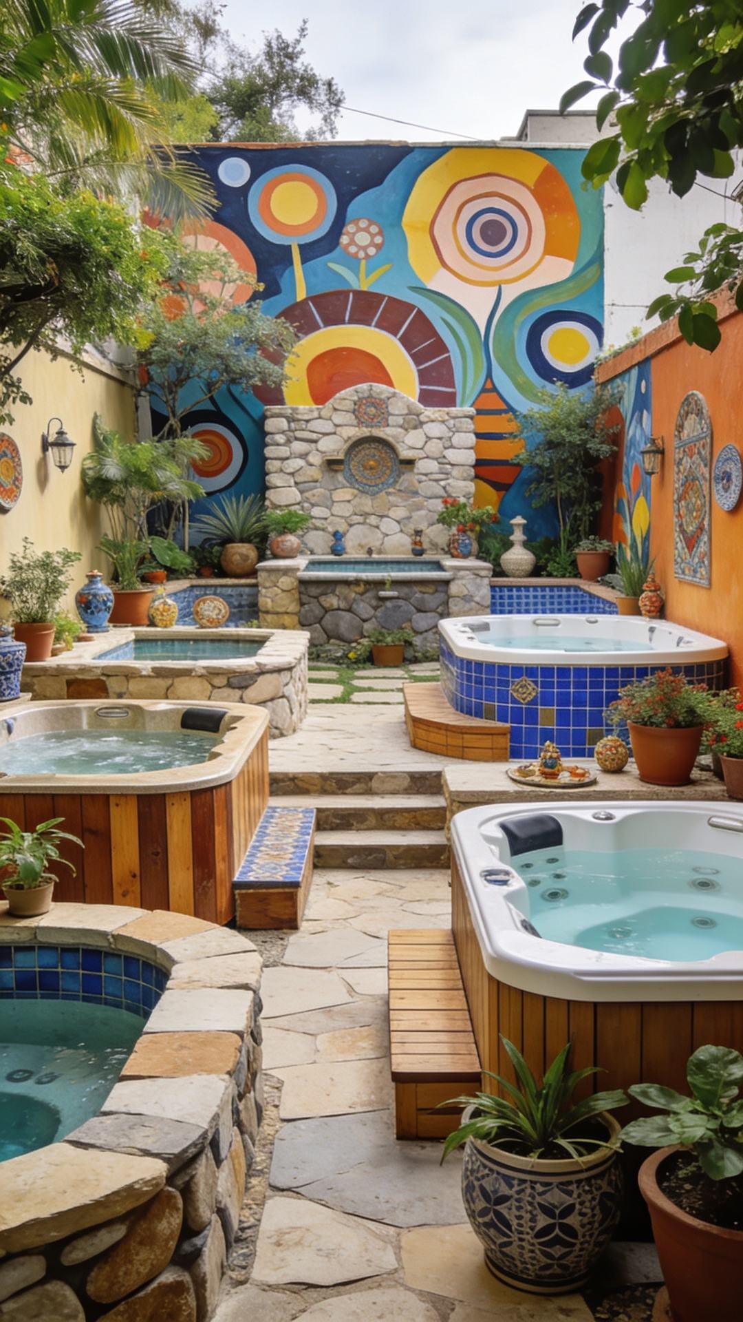 Eclectic Art Yard With Mural Backdrop