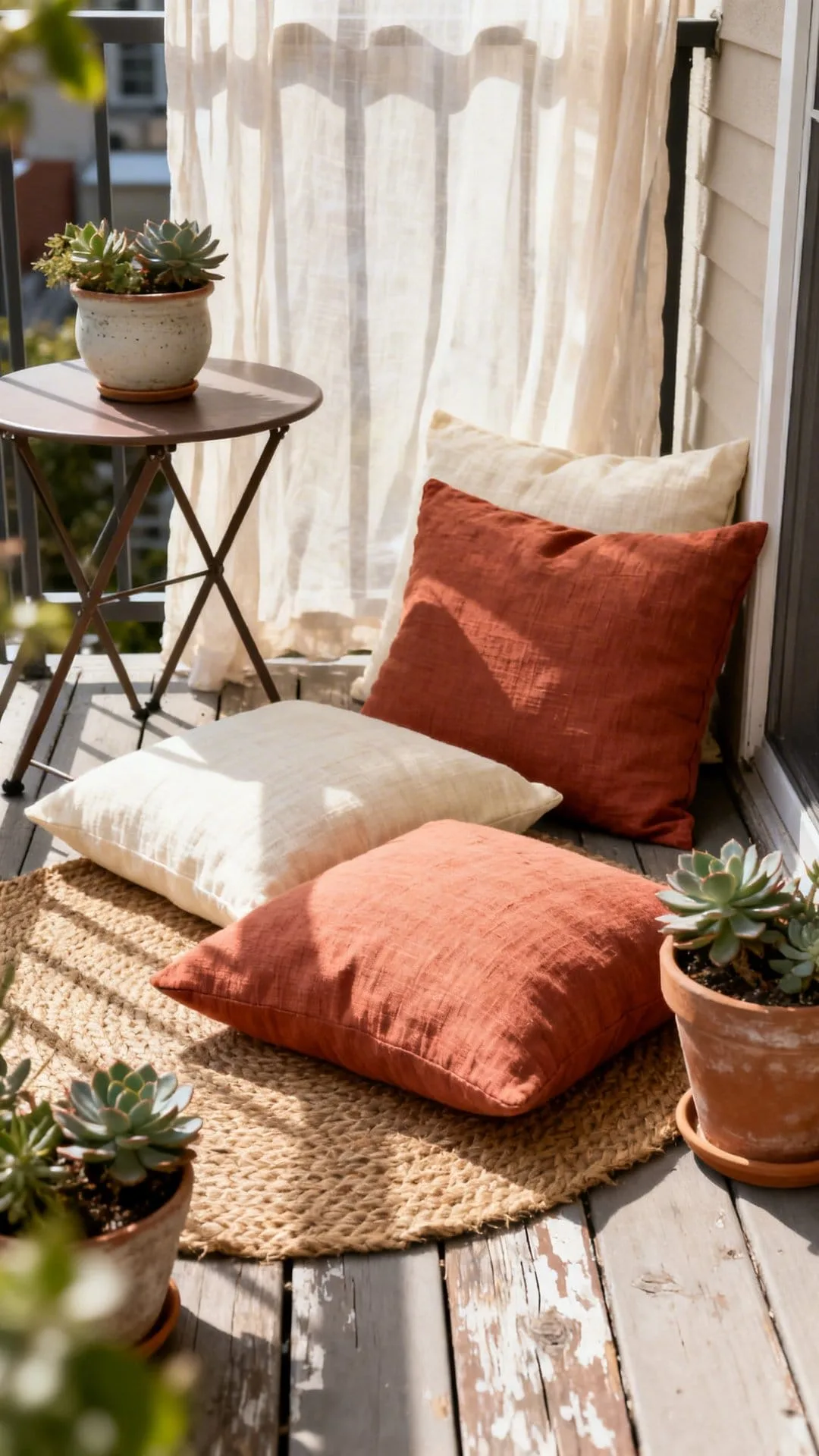 multipurpose floor pillows on cozy apartment balcony