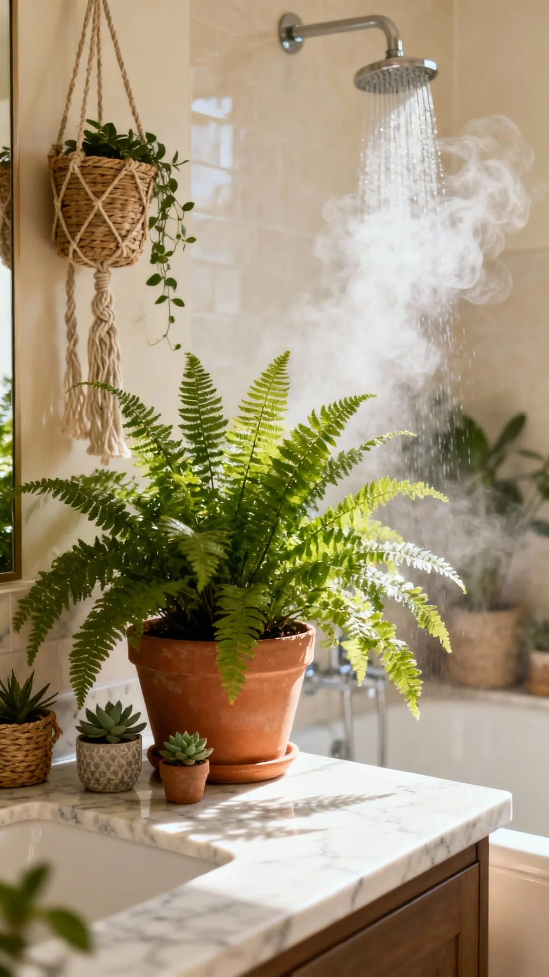 A lush Boston fern thriving in a humid, well-lit bathroom