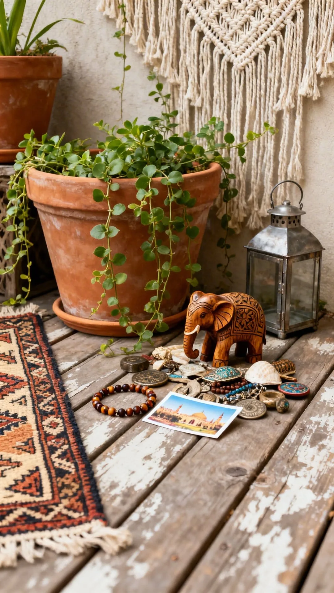 boho patio styled with carved bowls vintage textiles and travel-inspired trinkets