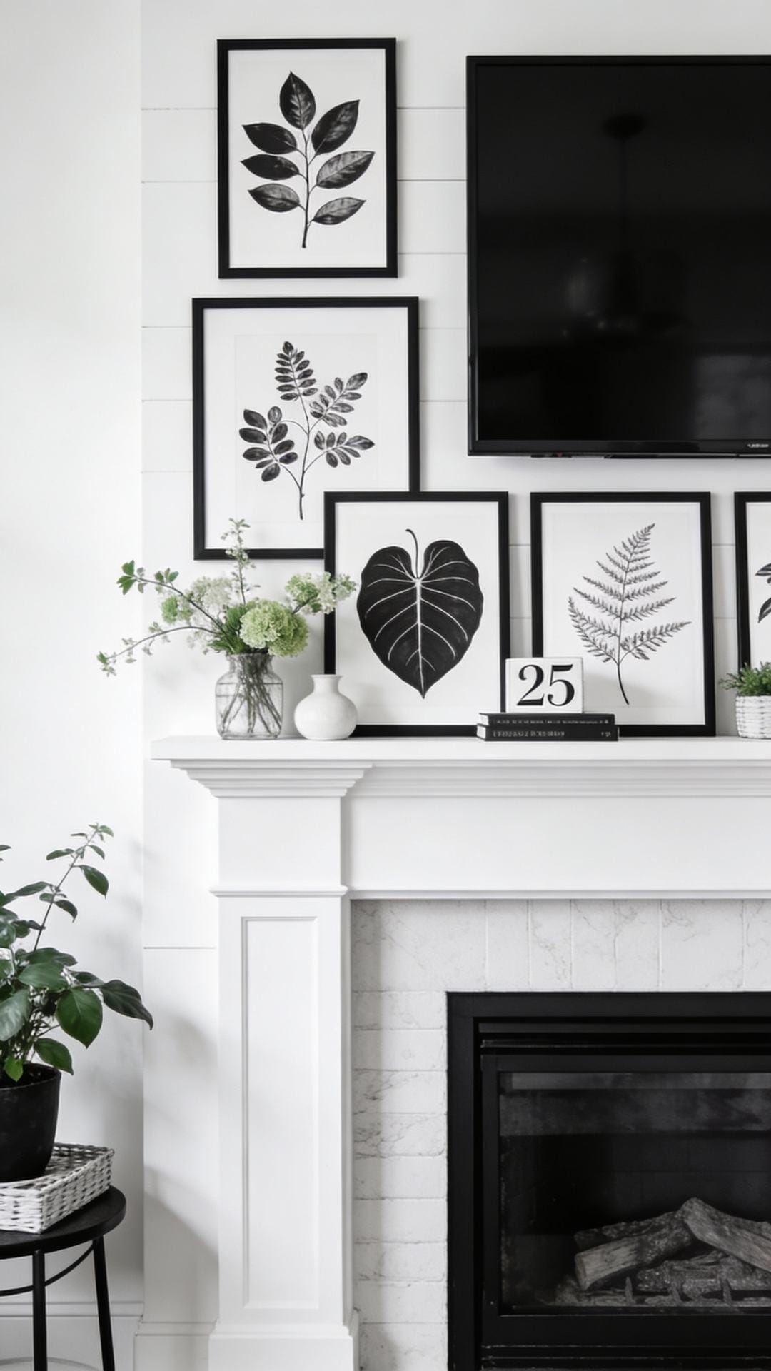 Fresh Black-And-White Mantel With Graphic Botanicals