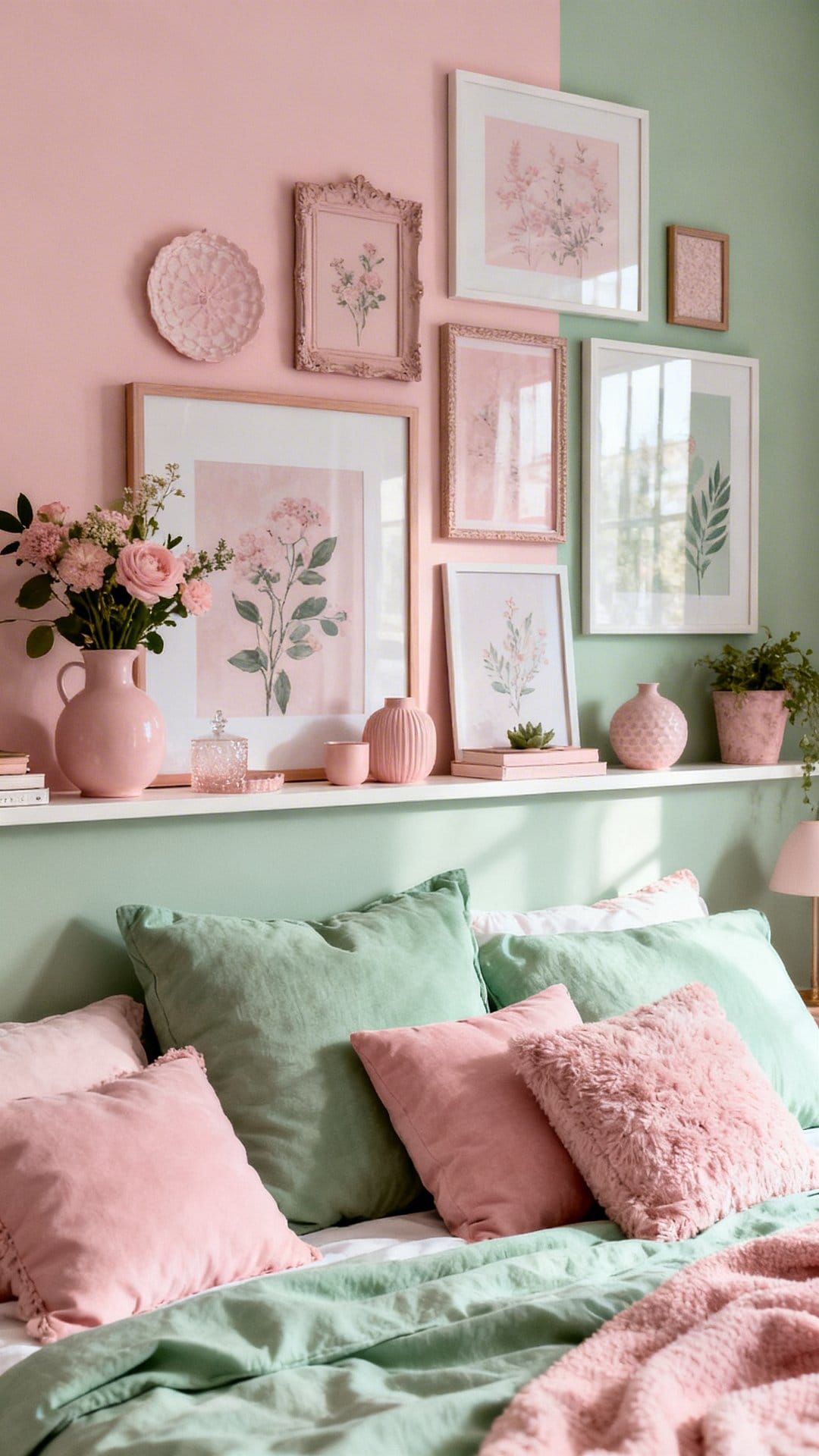 Gallery Ledge With Curated Pink And Green Moments