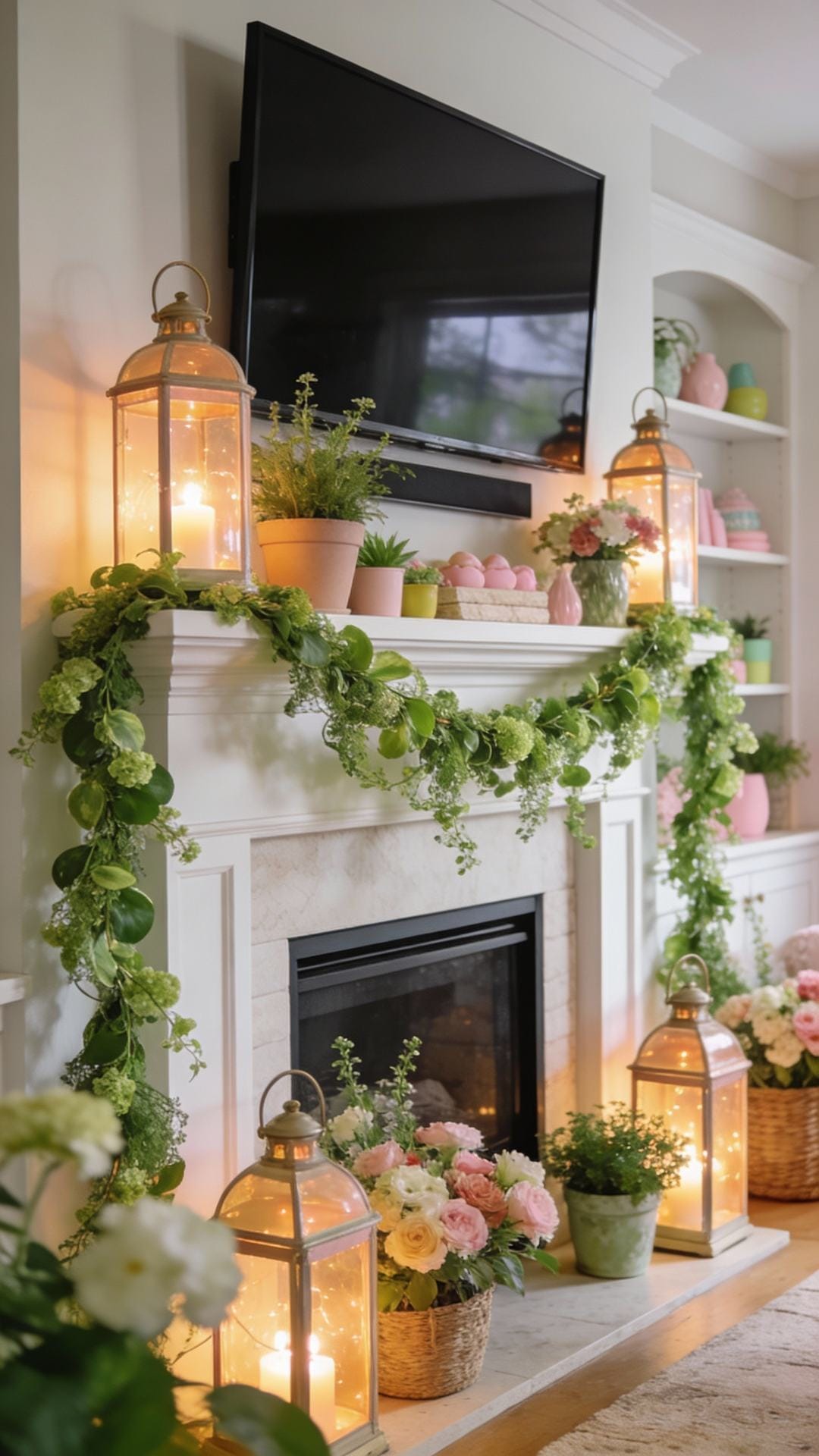 Garden Party Mantel With Garland And Lanterns