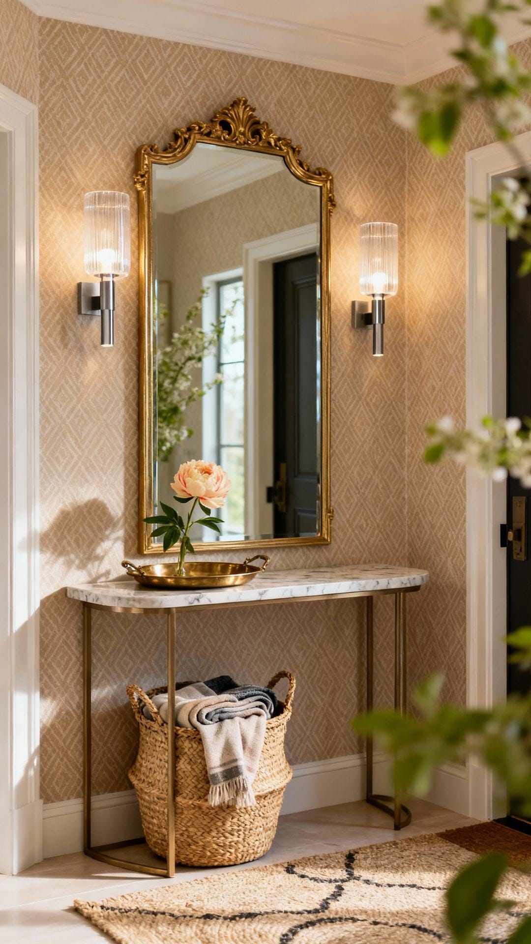 Glam Mini-Lobby With Oversized Leaner Mirror and Sconces