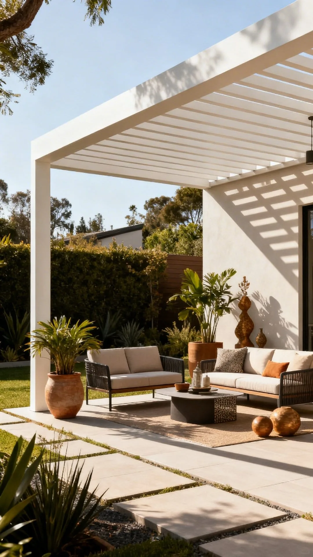 Modern aluminum pergola with adjustable slats providing shade over a contemporary patio