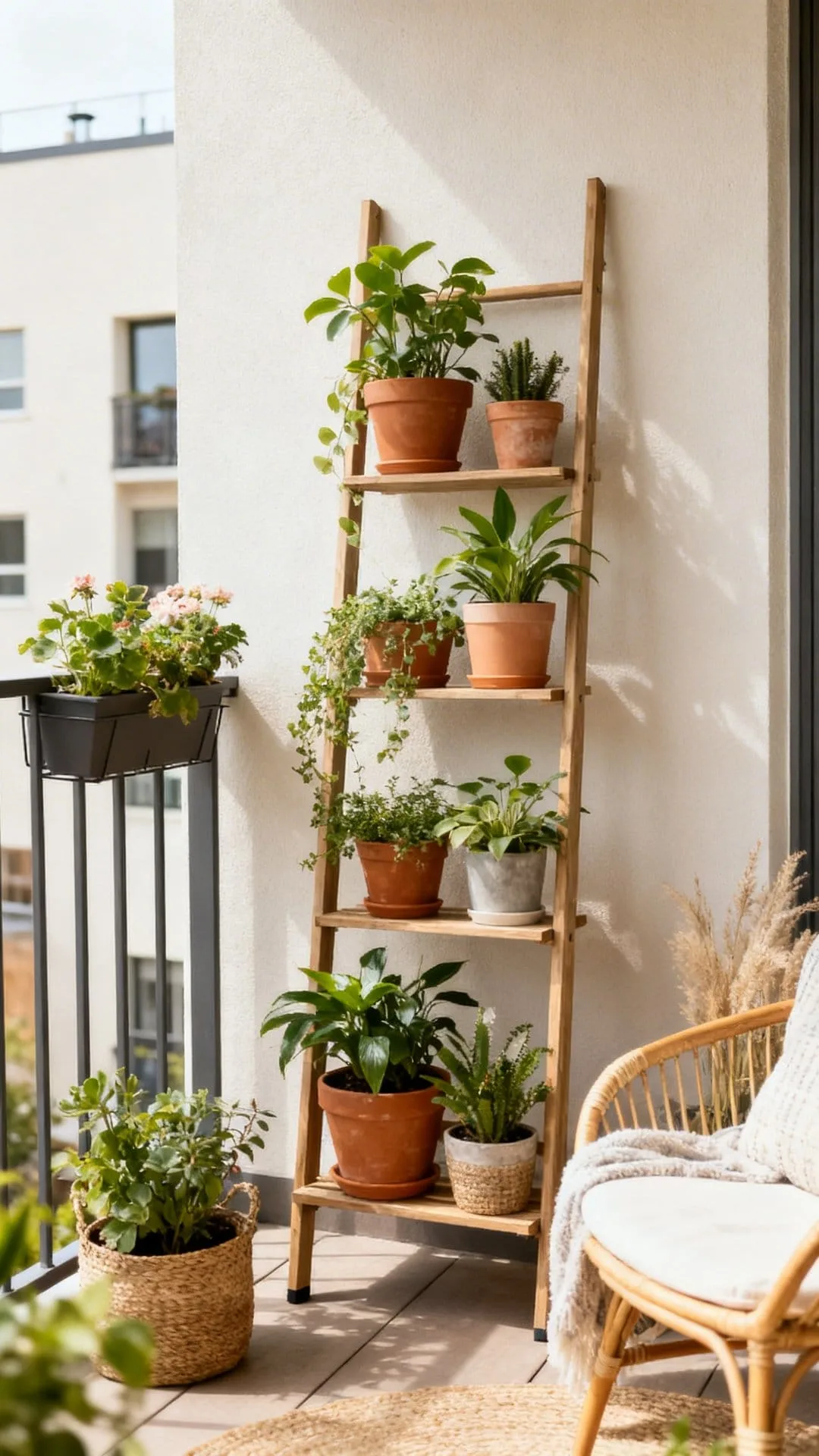 vertical plant ladder on a small apartment balcony