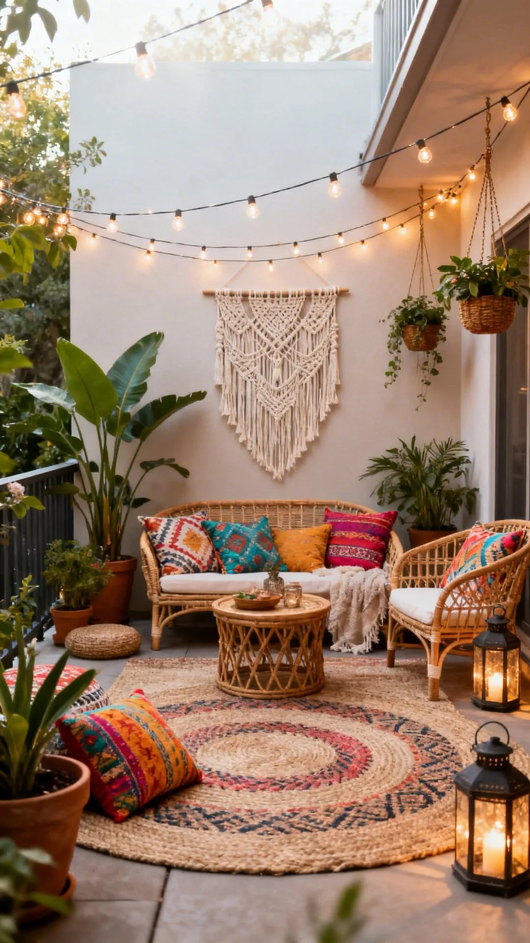 boho patio string lights draped overhead for warm evening ambiance