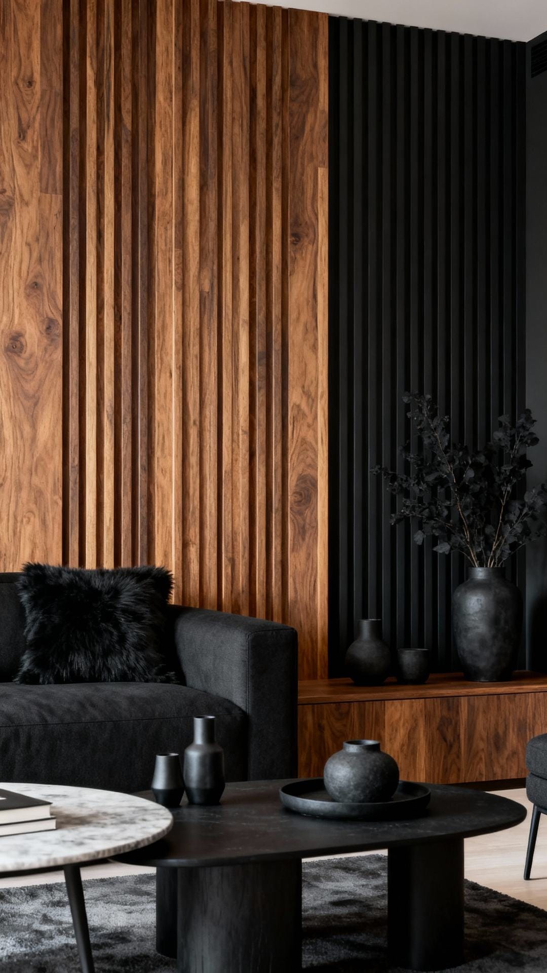 High-Contrast Wood and Charcoal Modern