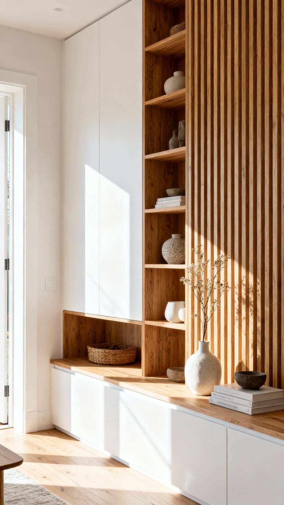 High-Contrast Wood and White With Built-Ins