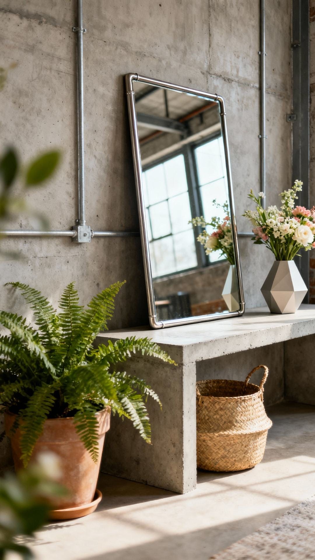 Industrial Spring Loft With Metal-Framed Mirror and Concrete Console