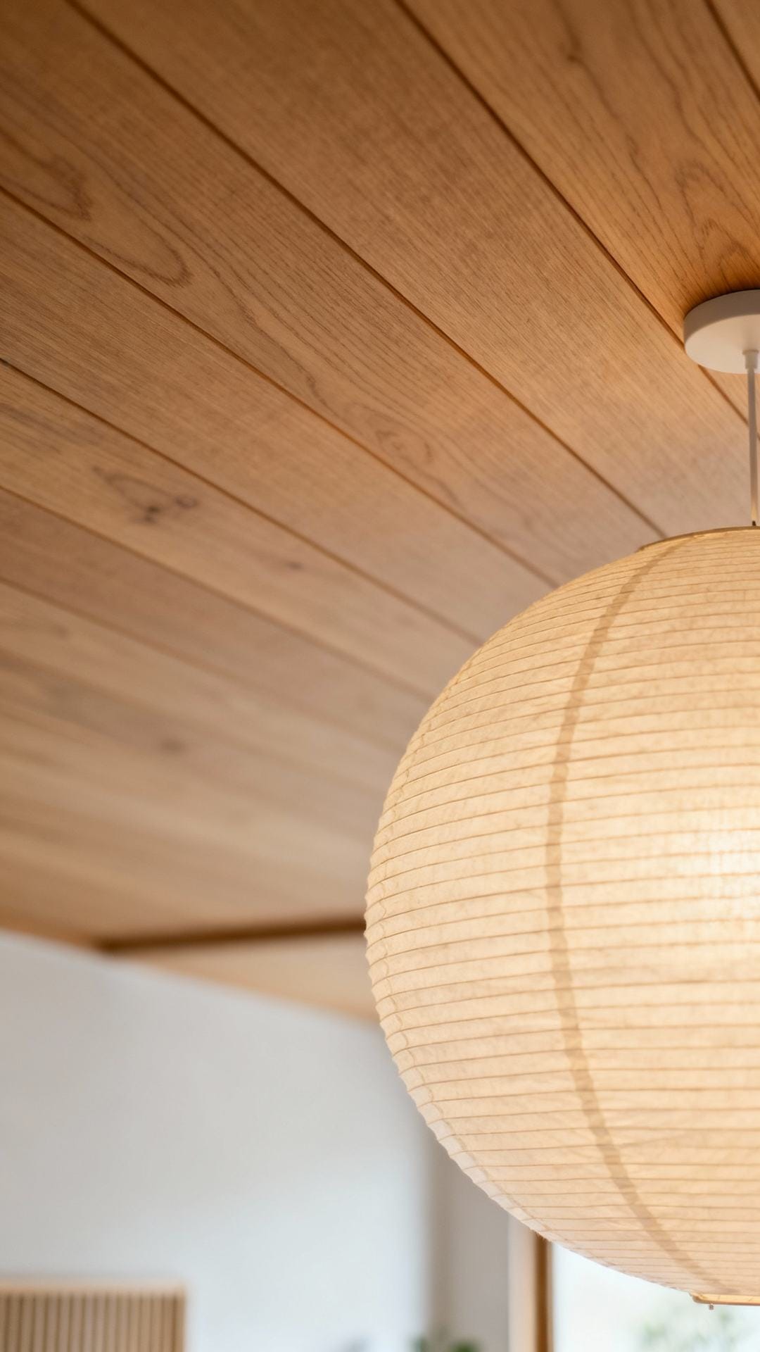 Japandi Calm: Flat Panel Wood Ceiling With Paper Lanterns