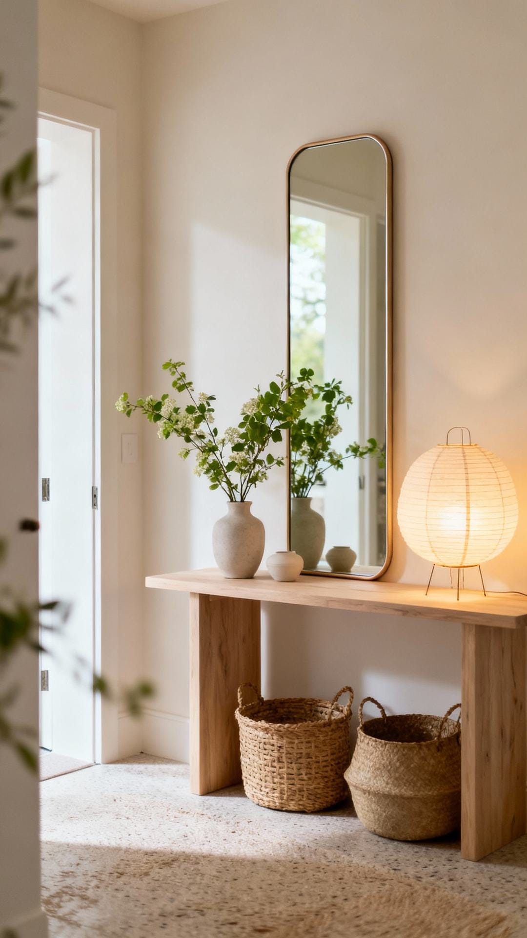 Japandi Calm With Thin-Edge Mirror and Paper Lantern