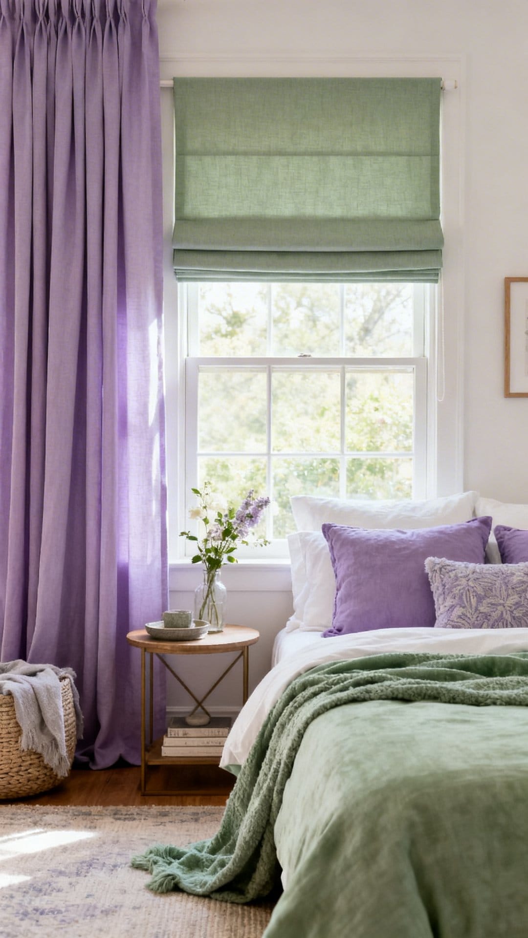 Lavender Curtains, Sage Roman Shade
