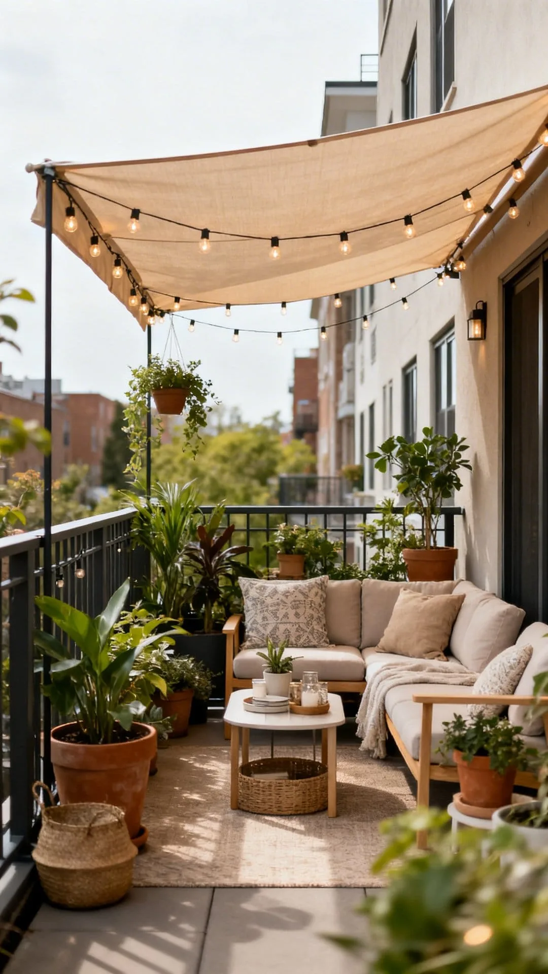 mini canopy umbrella creating outdoor ceiling on apartment patio