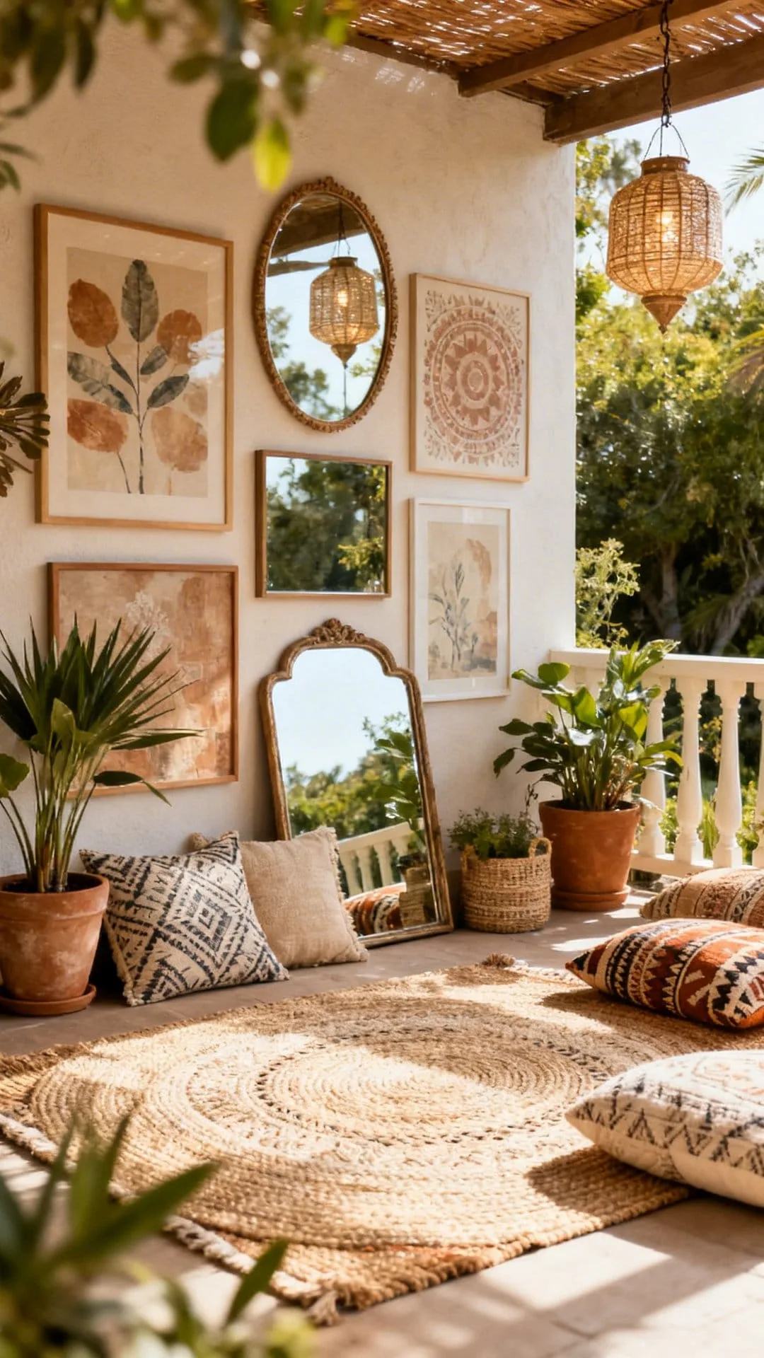 outdoor mirror and weather-friendly artwork leaning on boho patio wall