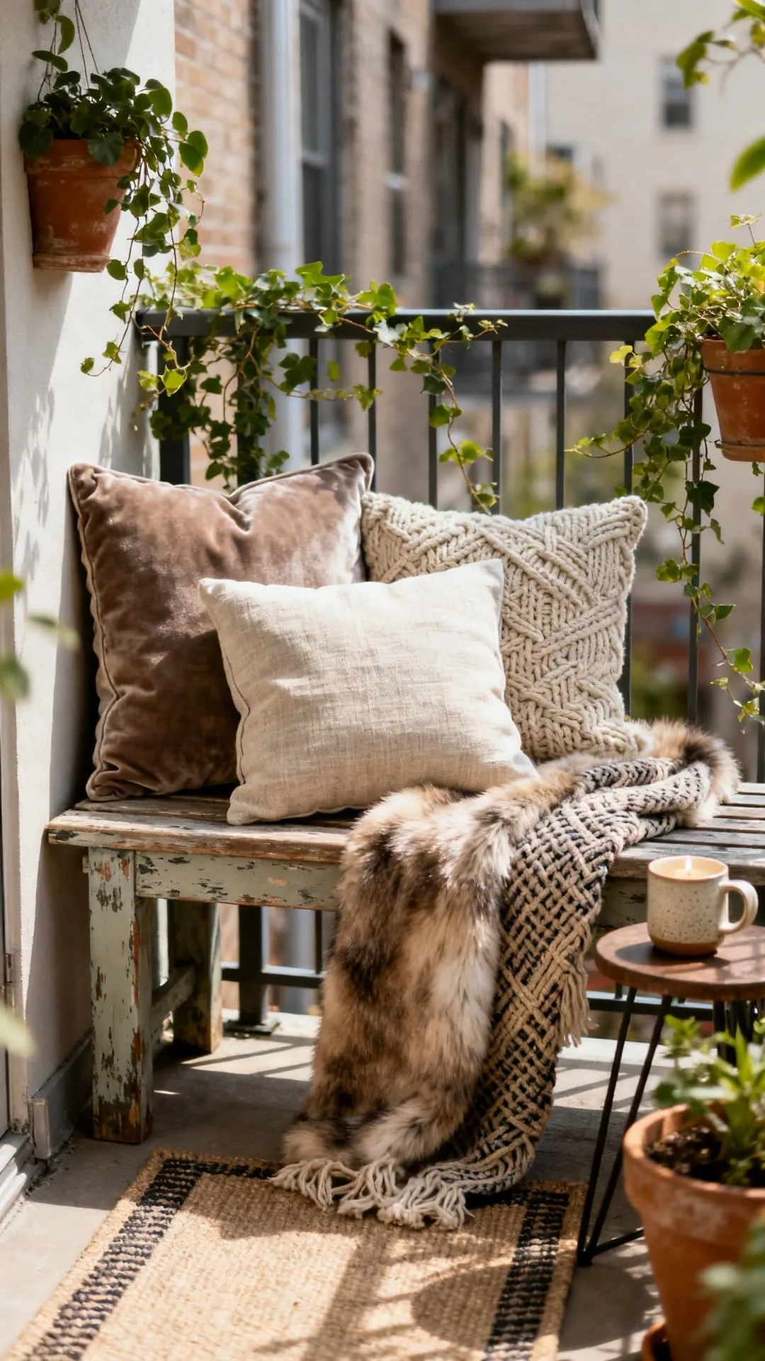 layered cushions and throws for a cozy apartment patio lounge