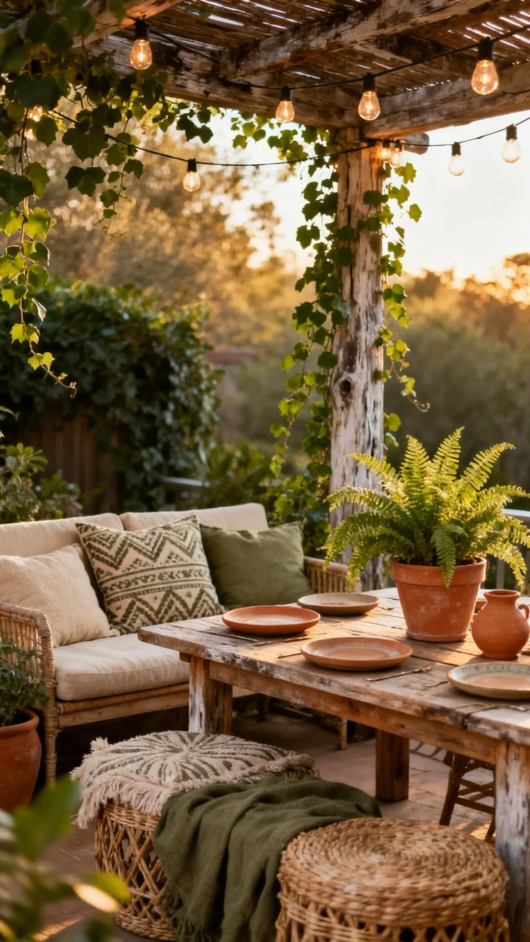 boho patio decor with layered rattan bamboo and teak natural materials