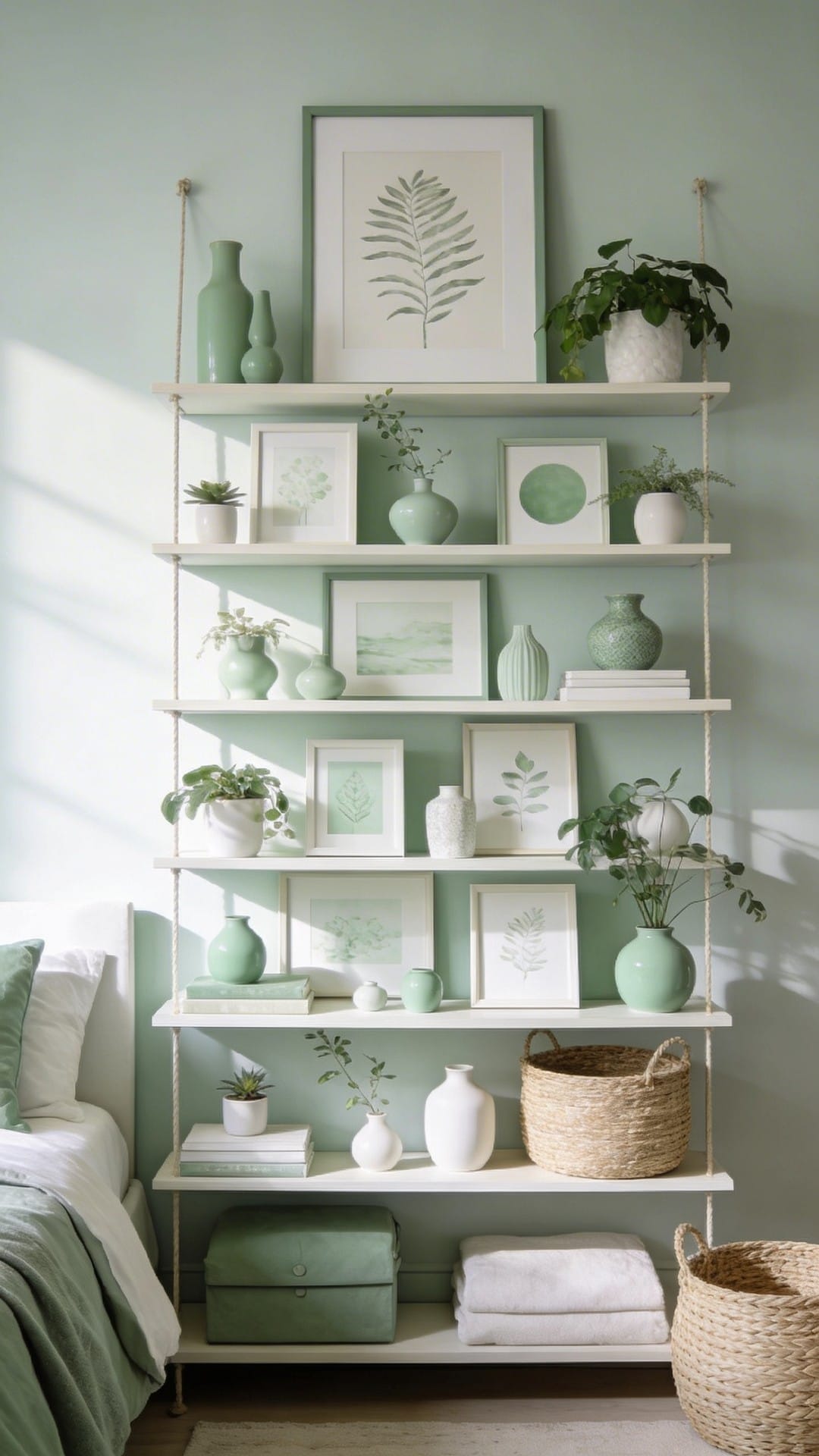 Layered Artwork Shelf In Sage And White Tones