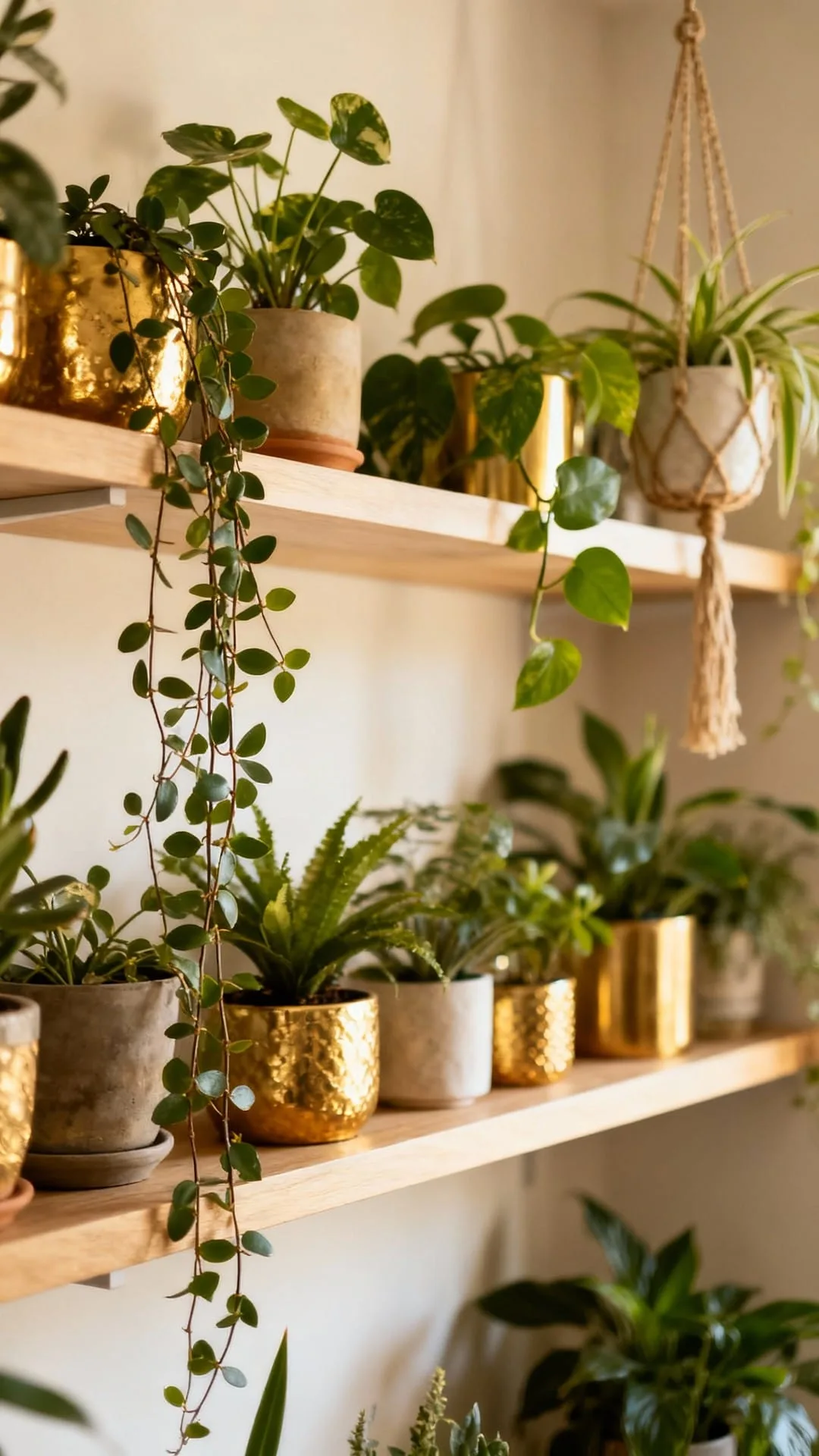 Layered greenery and trailing pothos styled across open wooden shelves