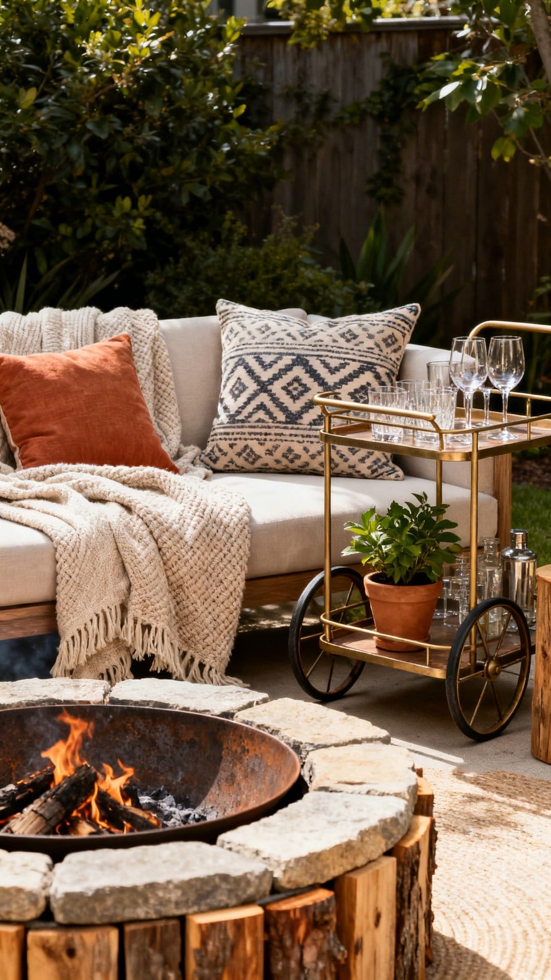 Layered Lounge With Throws, Pillows, And A Bar Cart