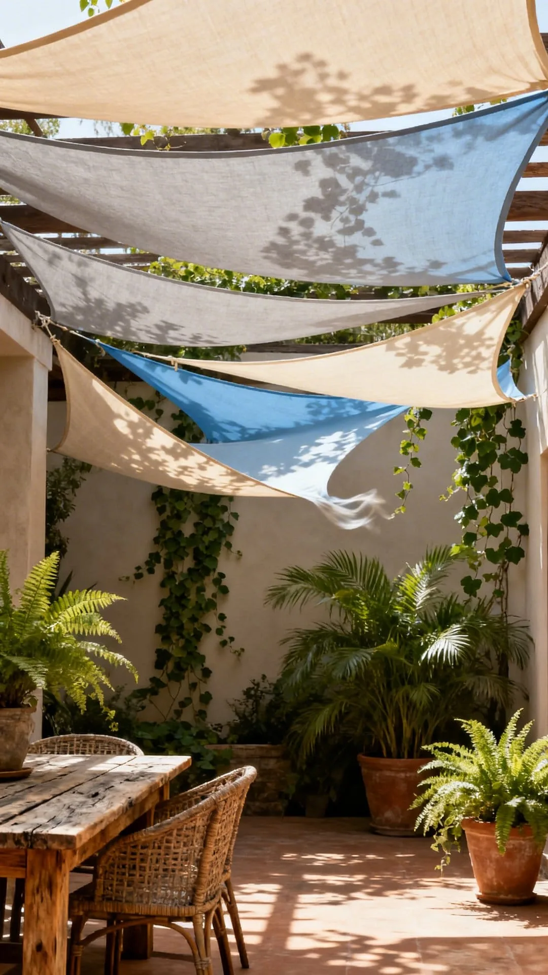 Overlapping triangular shade sails in complementary neutral tones creating artful patio coverage