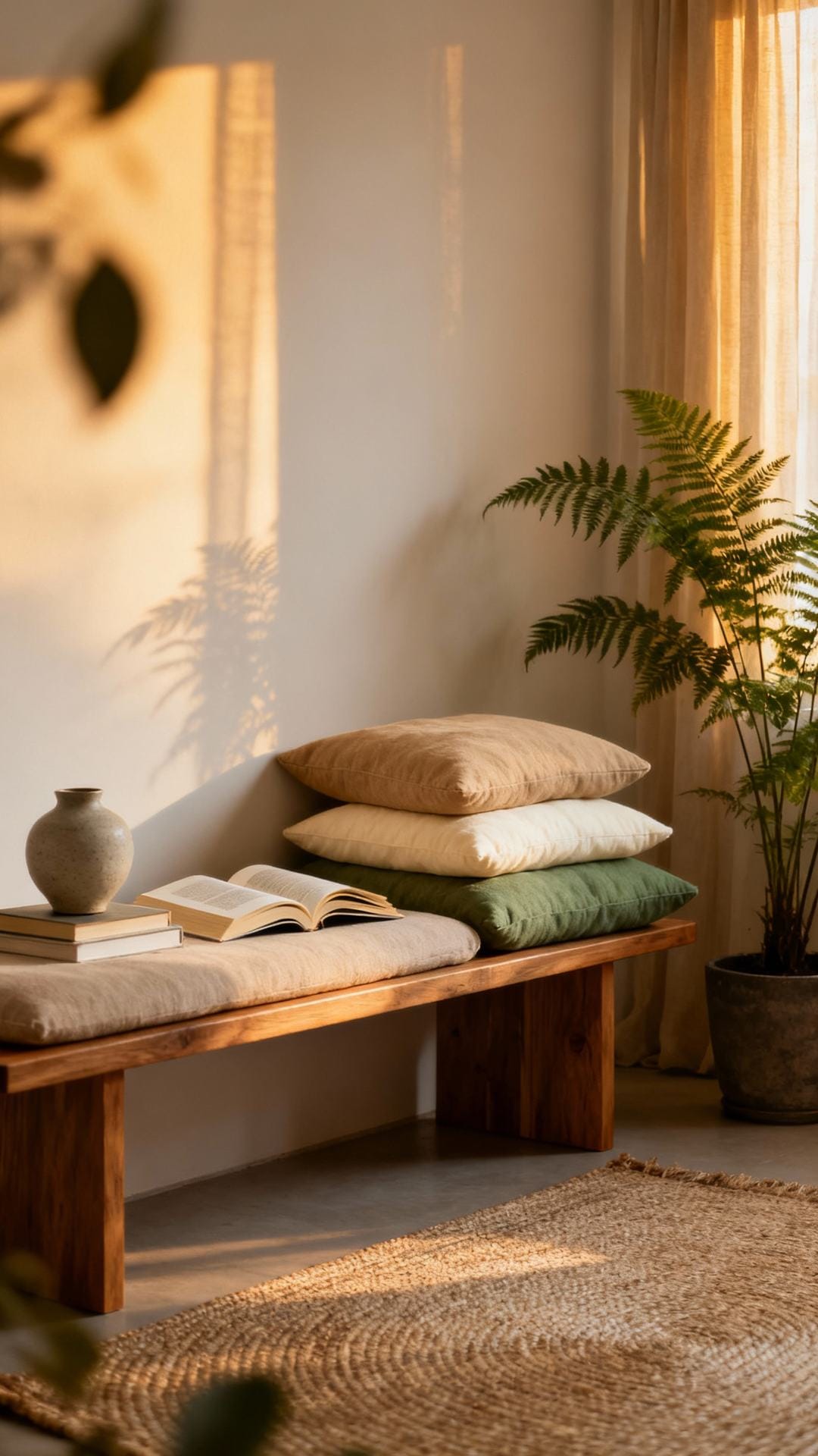Low Bench Seating With Layered Cushions